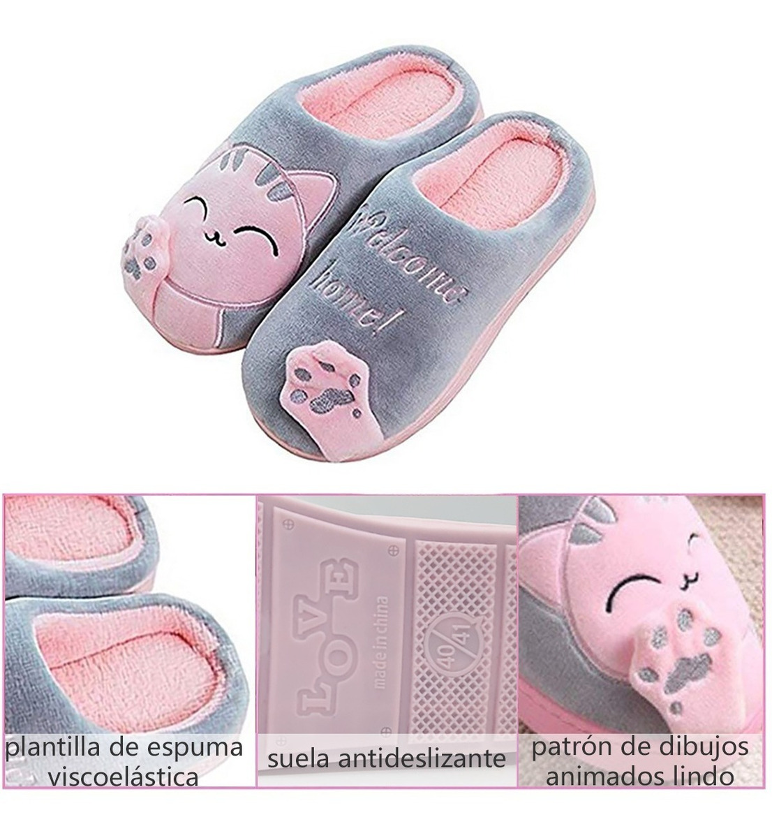 Foto 2 | Pantuflas para Dama Diseño de Gato Gris