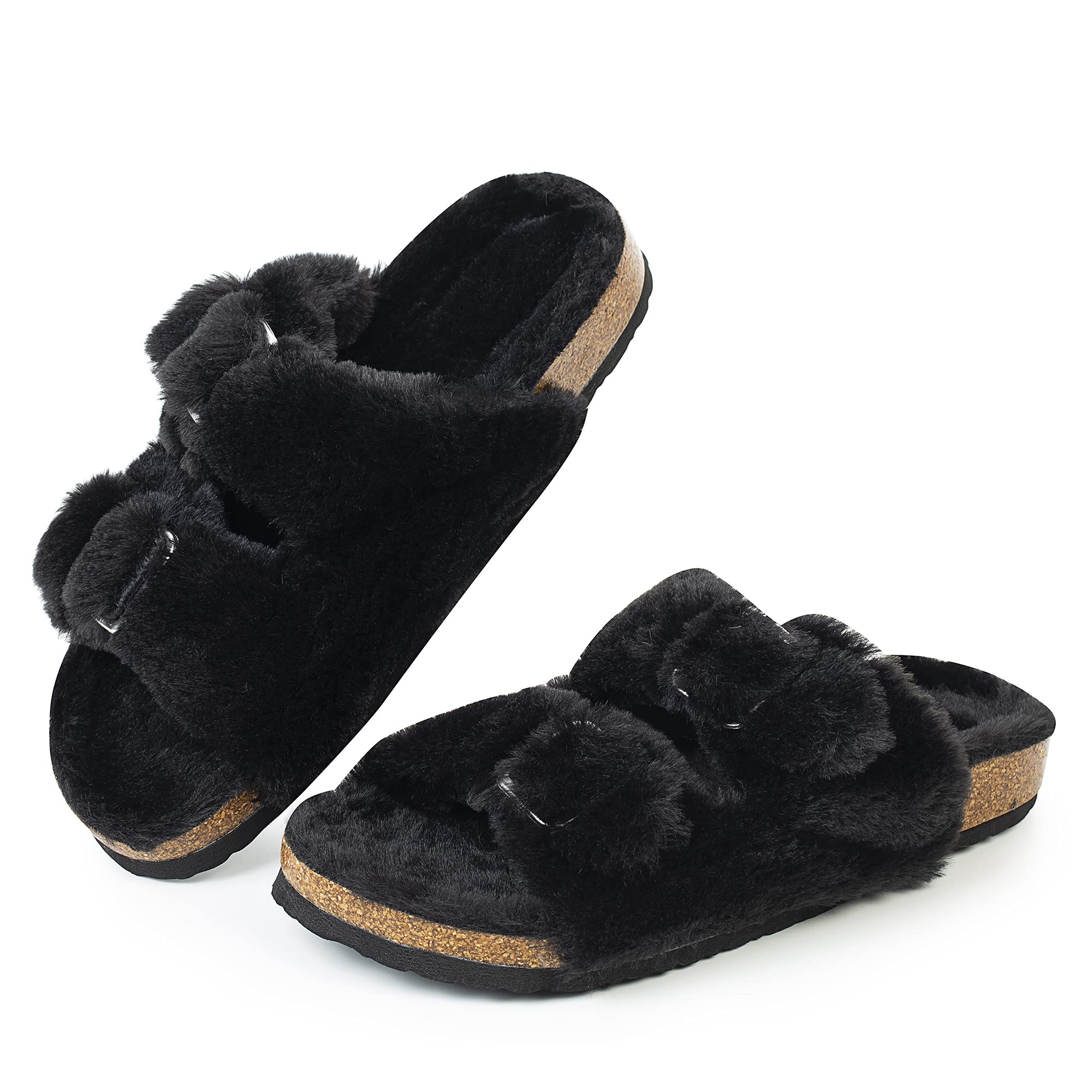 Zapatilla Fitory Para Mujer, Punta Abierta, Piel De Conejo Sintética, Corcho, Color Negro 8 - Venta Internacional.