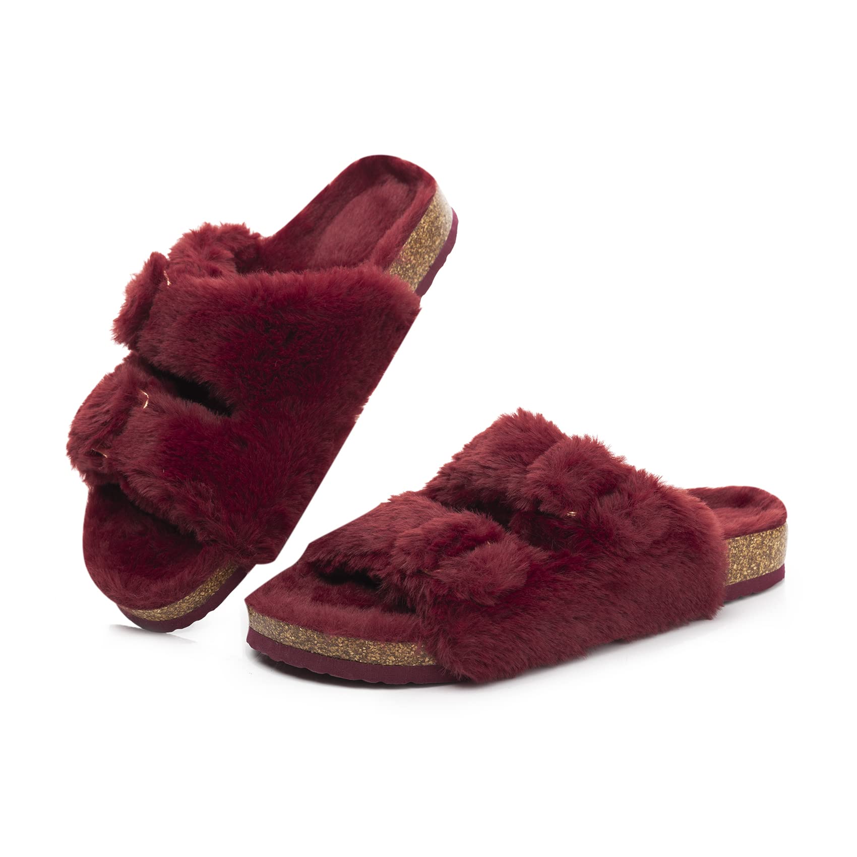 Zapatilla Fitory Para Mujer Con Punta Abierta, Piel De Conejo Sintética, Color Rojo Vino 11 - Venta Internacional.