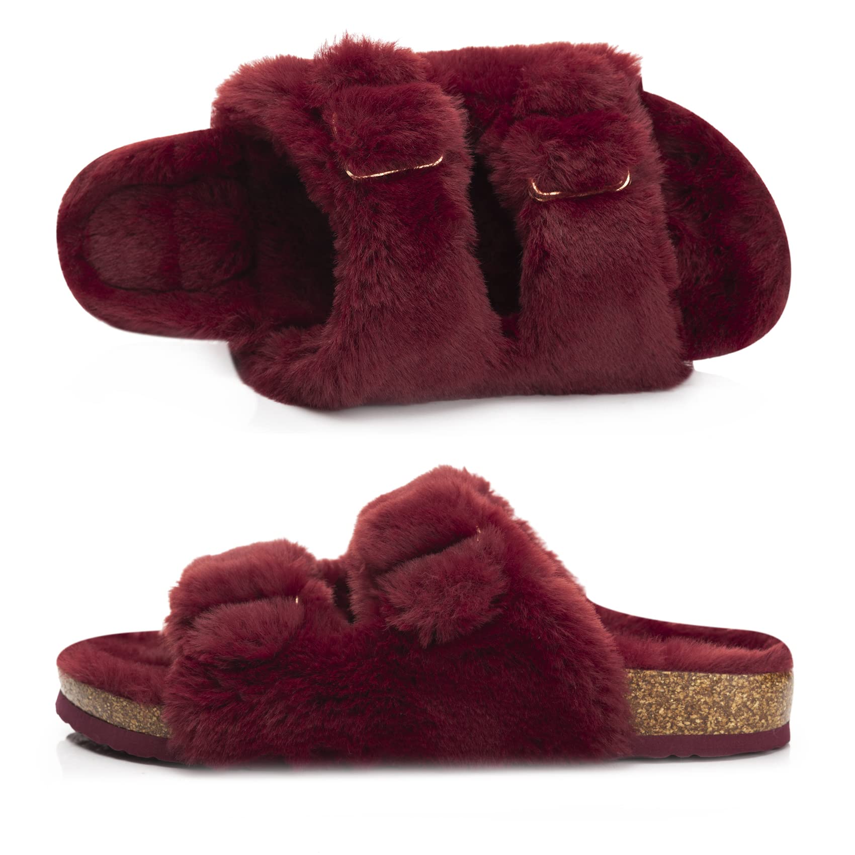 Foto 4 | Zapatilla Fitory Para Mujer Con Punta Abierta, Piel De Conejo Sintética, Color Rojo Vino 11 - Venta Internacional.