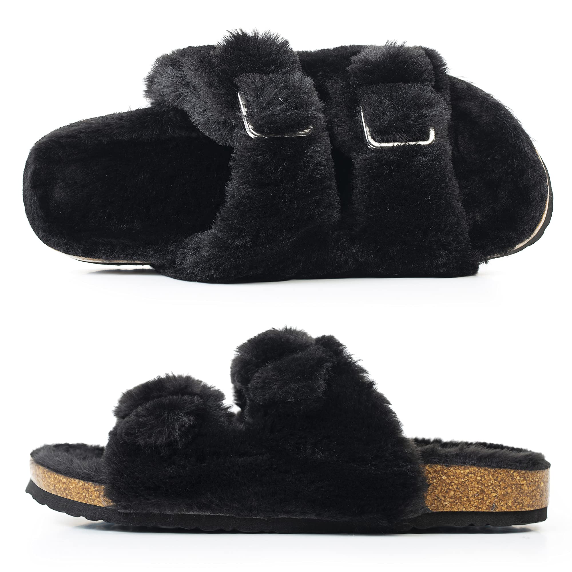 Foto 4 pulgar | Sandalias Slipper Fitory Con Punta Abierta De Piel De Conejo Sintética Y Corcho Negras 7 - Venta Internacional.