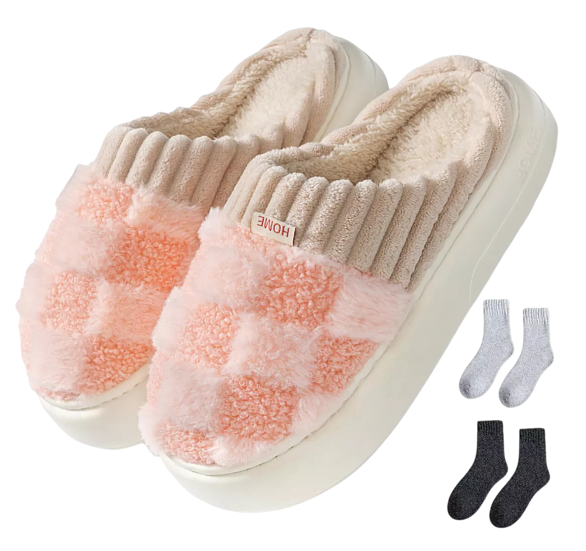 Pantuflas Para Mujer Suaves Cómodas Felpa + Dos Pares Calcetín, 25 Mx Rosa/cafe