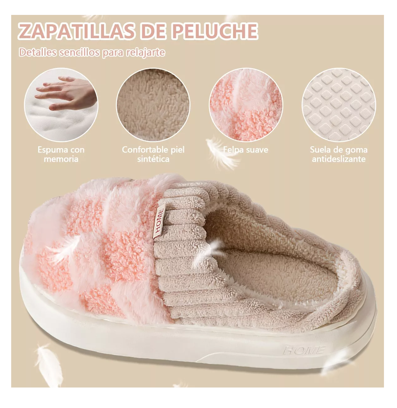 Foto 4 pulgar | Pantuflas Para Mujer Suaves Cómodas Felpa + Dos Pares Calcetín, 25 Mx Rosa/cafe