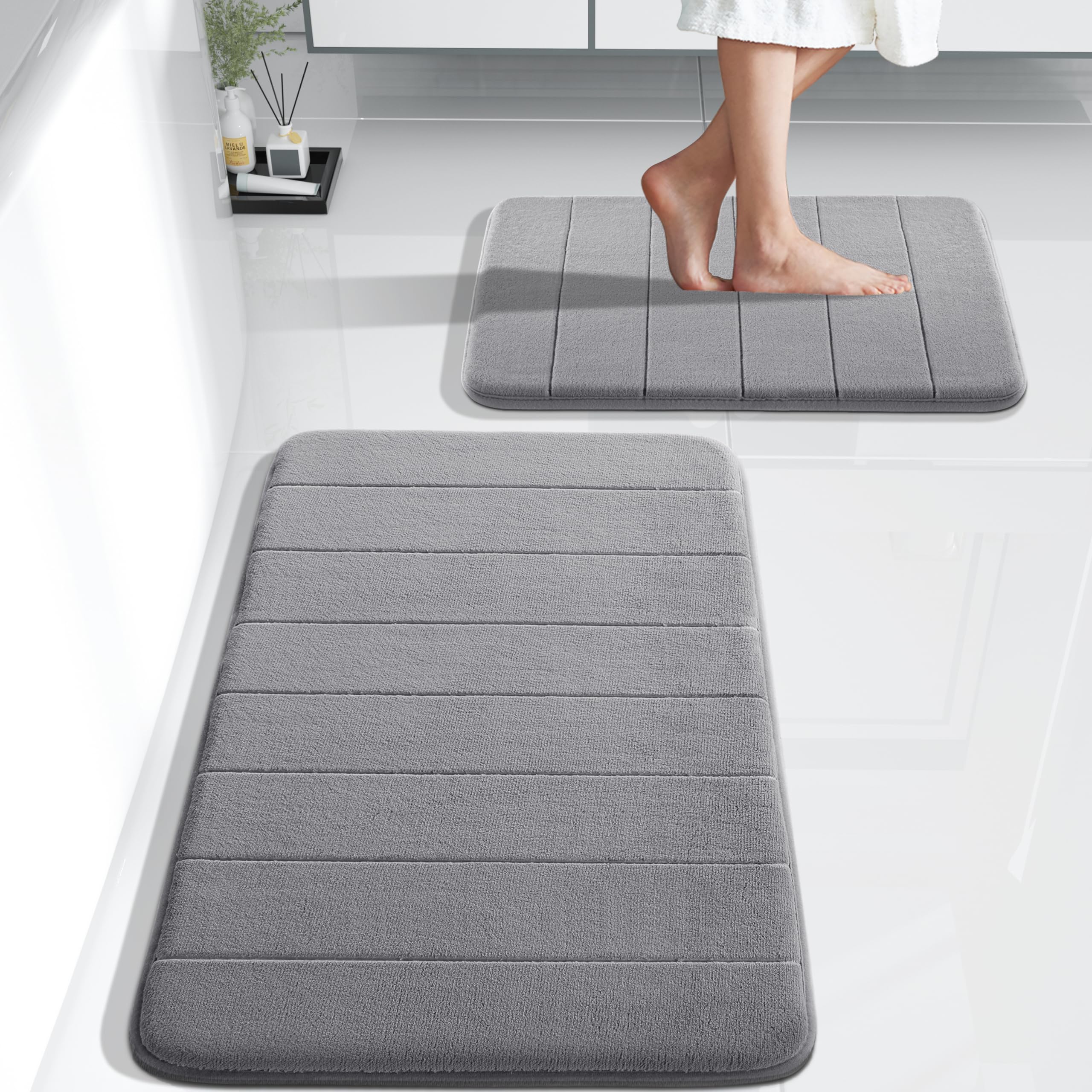 Juego De Alfombras De Baño Yimobra, Espuma Viscoelástica, 2 Piezas, Color Gris Absorbente - Venta Internacional.