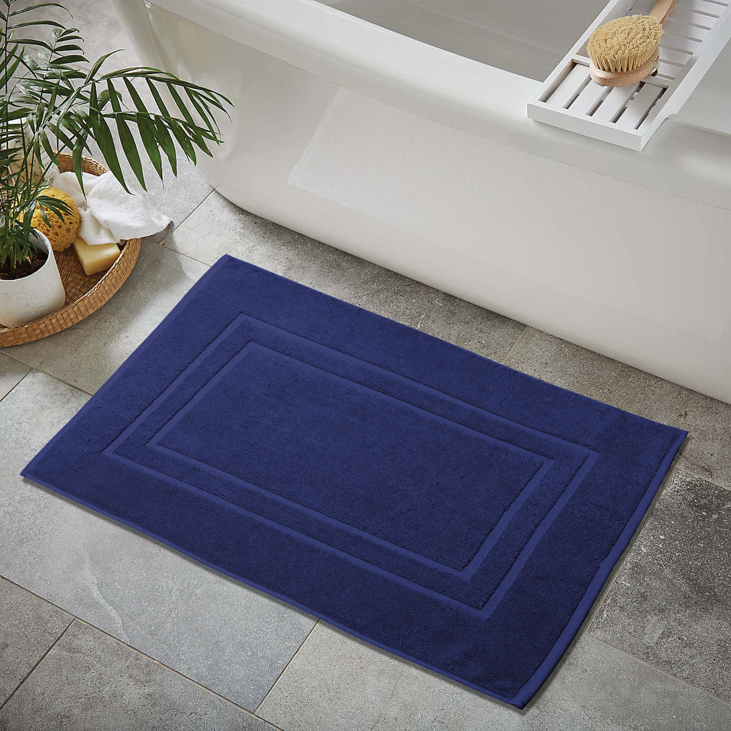 Alfombra de Baño con Estampado de Plumas y Puntadas Azul Marino - Venta Internacional