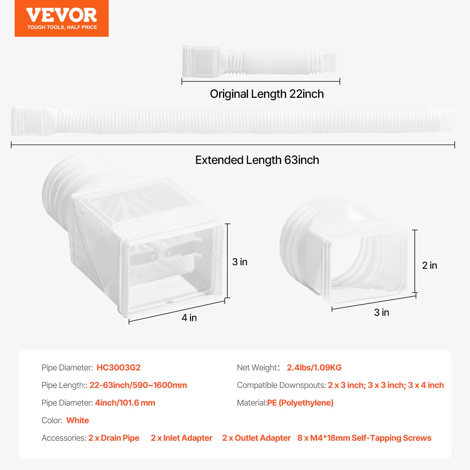 Foto 8 pulgar | Extensiones De Desagüe Para Canaletas Vevor, 2 Unidades, Color Blanco - Venta Internacional.