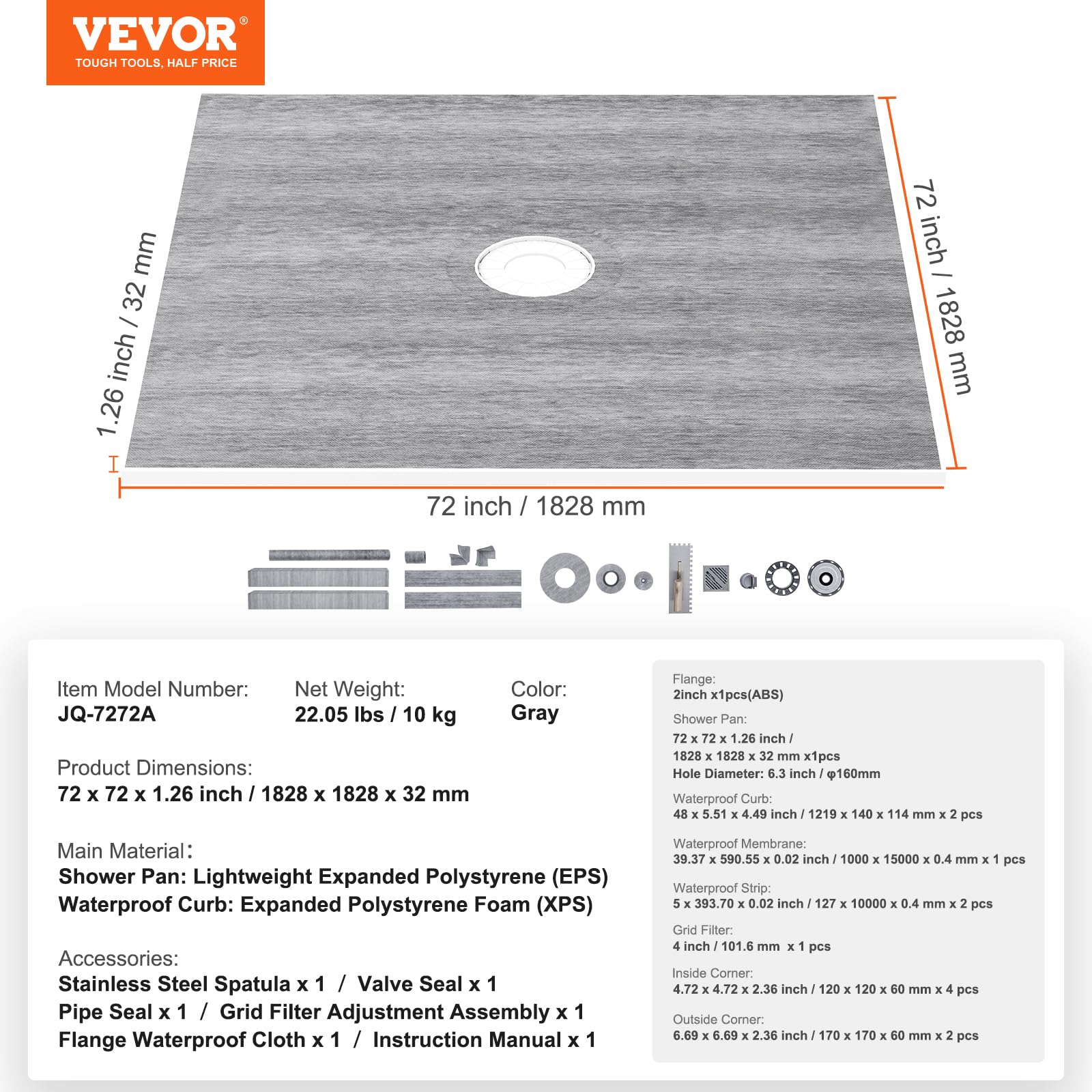 Foto 7 | Sartén De Ducha Vevor 72 X 72 Con Accesorios - Venta Internacional.