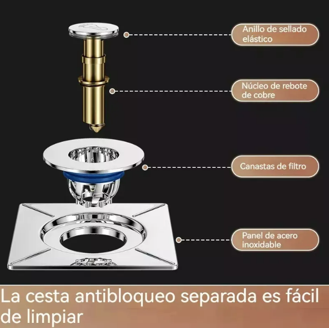 Foto 5 pulgar | Xtellar Coladera De Baño Elegante Cuadrada Antiolores En Acero Inoxidable
