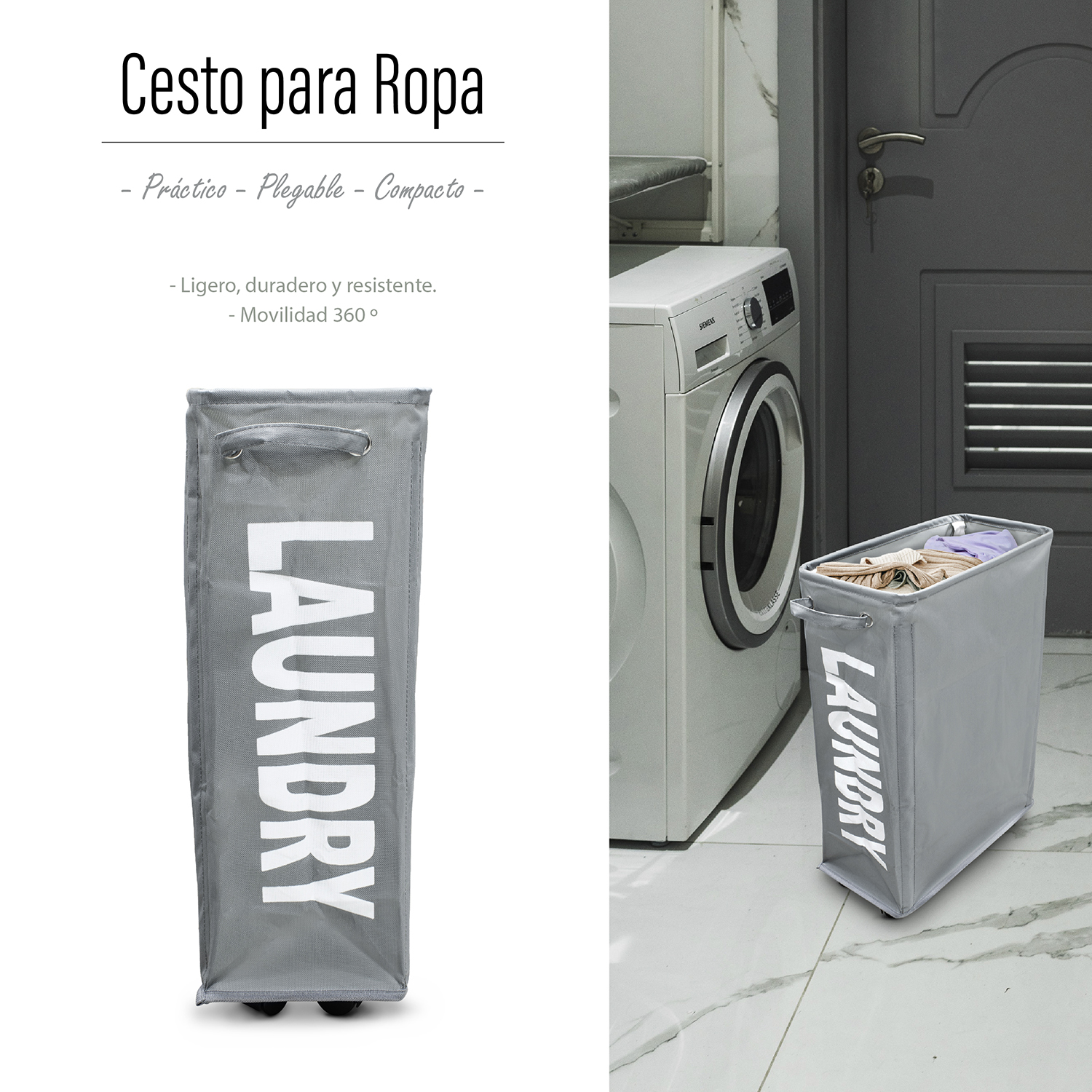 Foto 2 | Cesto de Lavandería Andromeda Inc color Gris para Ropa Sucia Plegable con Ruedas