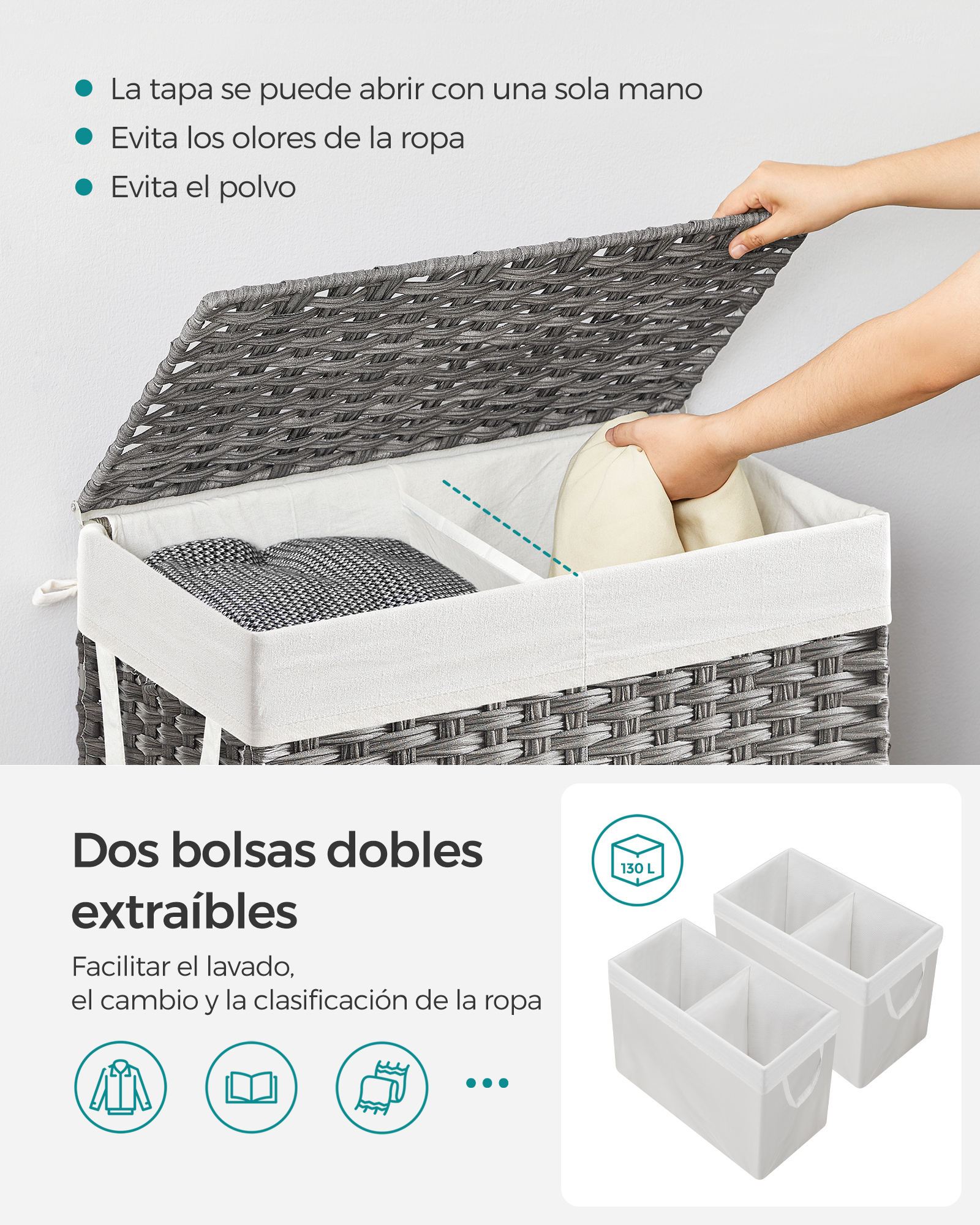 Foto 4 pulgar | Cesta de Ropa Songmics de 130 Litros Tejida A Mano Gris