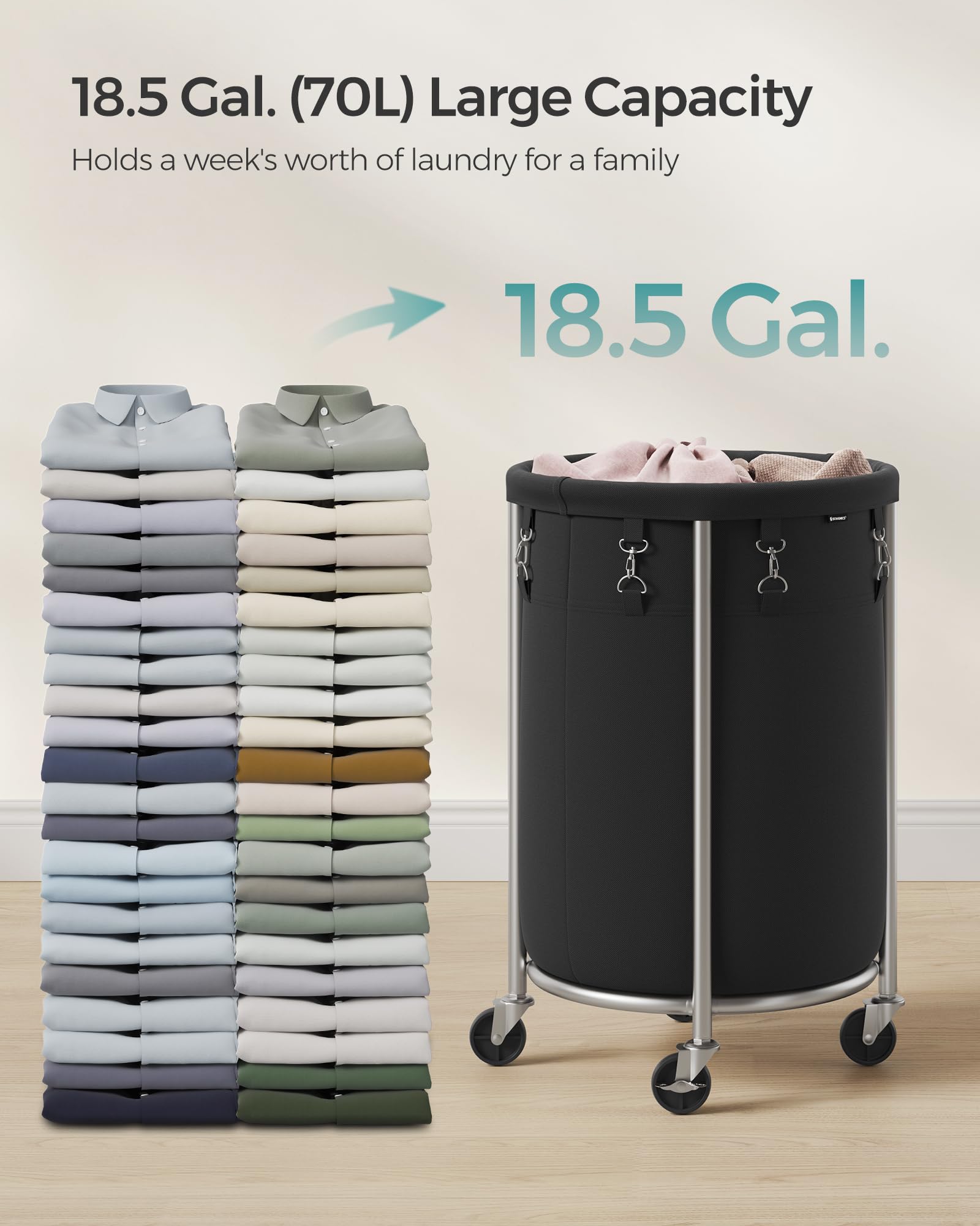 Foto 3 | Cesto De Ropa Con Ruedas Songmics, 70 L, Color Negro Y Plateado - Venta Internacional.