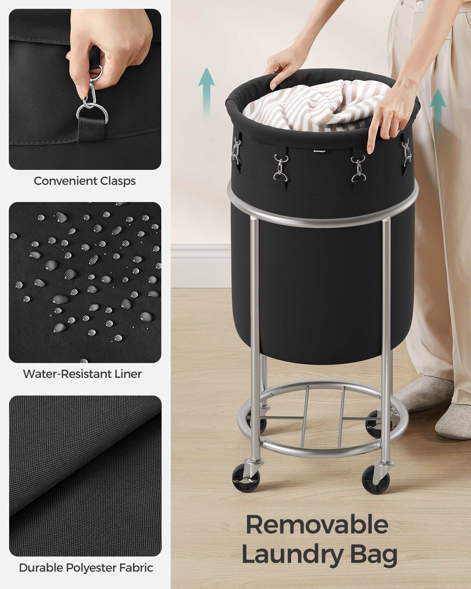 Foto 6 pulgar | Cesto De Ropa Con Ruedas Songmics, 70 L, Color Negro Y Plateado - Venta Internacional.