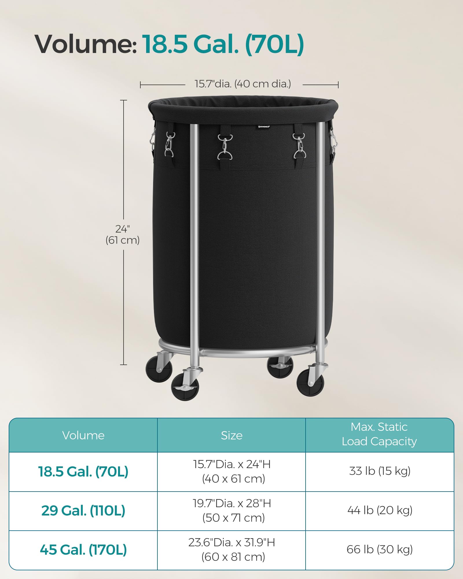 Foto 7 pulgar | Cesto De Ropa Con Ruedas Songmics, 70 L, Color Negro Y Plateado - Venta Internacional.