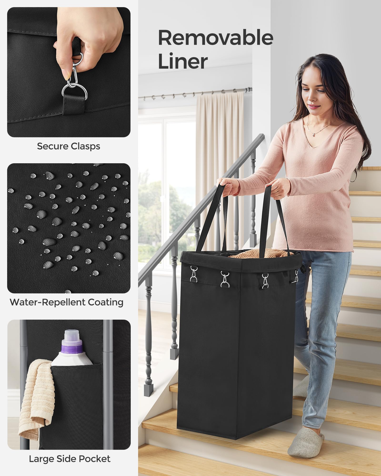 Foto 4 | Cesto De Ropa Songmics Rolling Con Ruedas, 90 L, Tinta Negra - Venta Internacional.