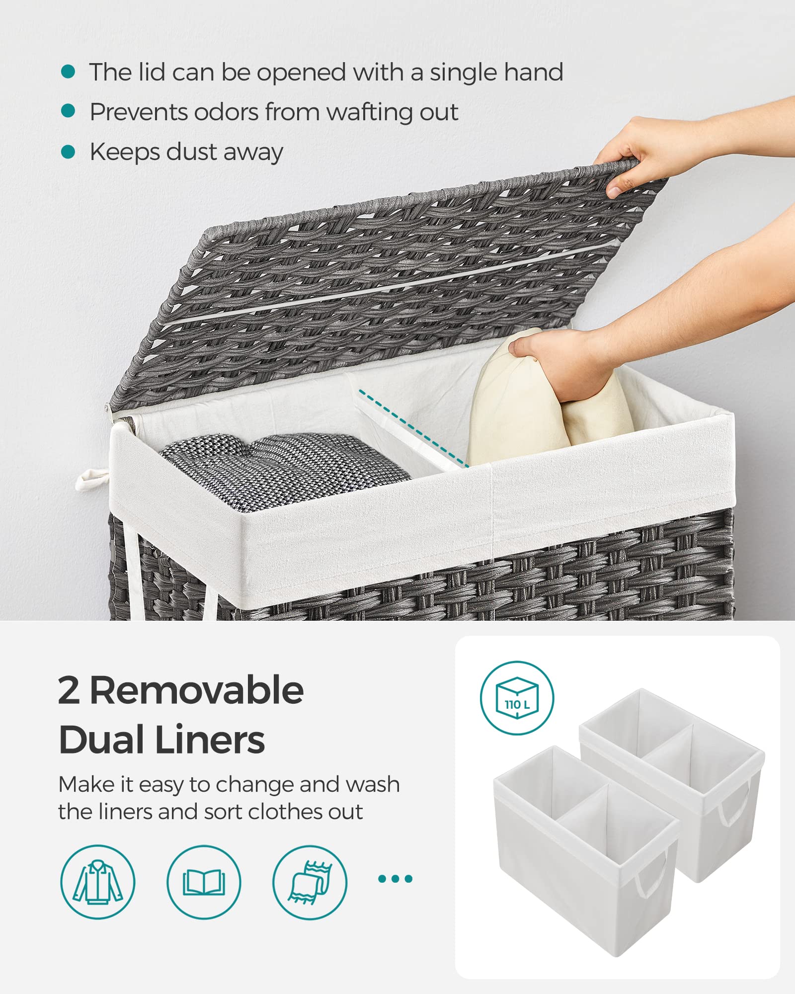 Foto 4 pulgar | Cesto De Ropa Songmics 110 L Con Tapa Y 2 Bolsas Forradas, Color Gris Ulcb52wg - Venta Internacional.