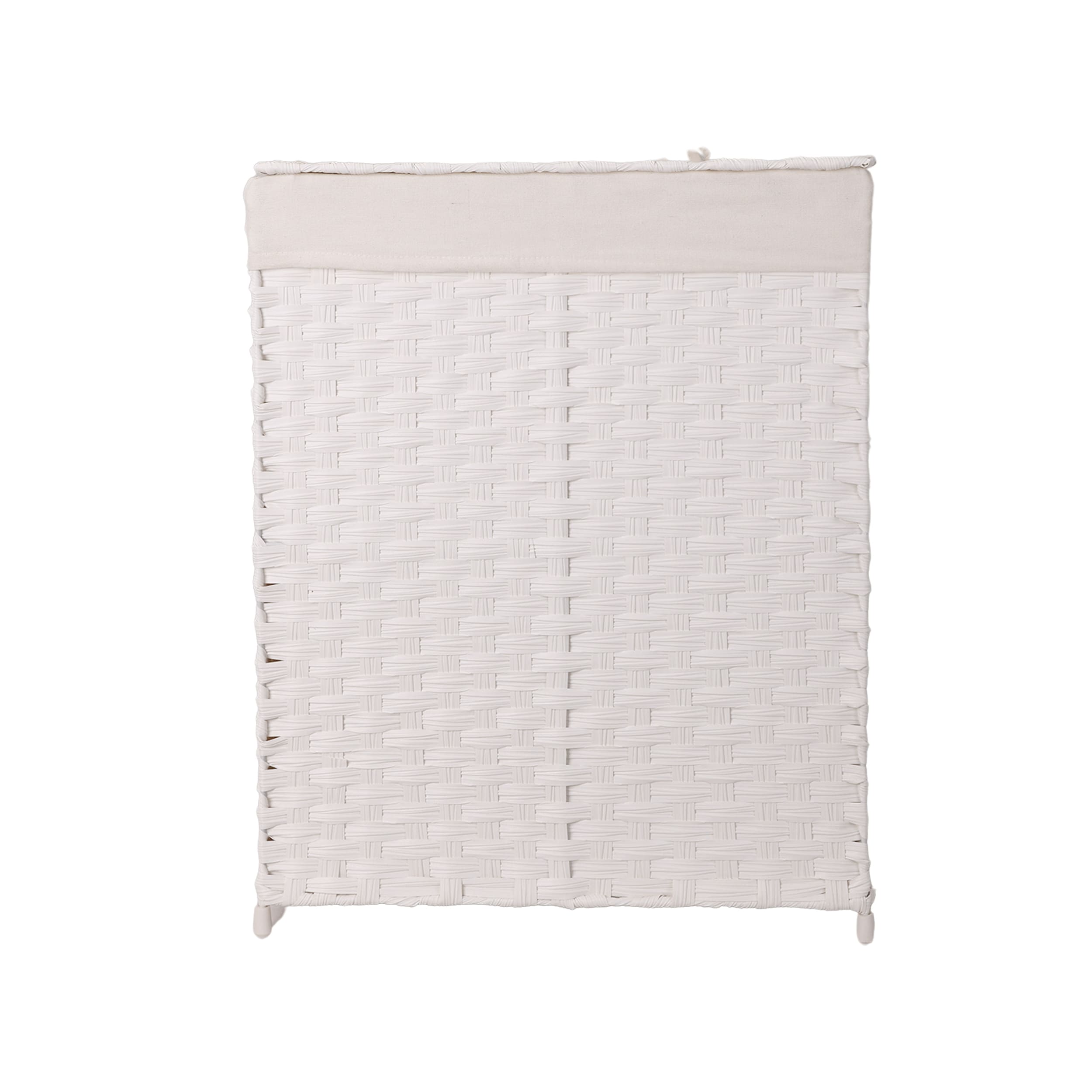 Cesto De Lavandería De Ratán Sintético Mu:4life 110l-2divi-b  Blanco Con Bolsa Dividida Y Tapa Plegable