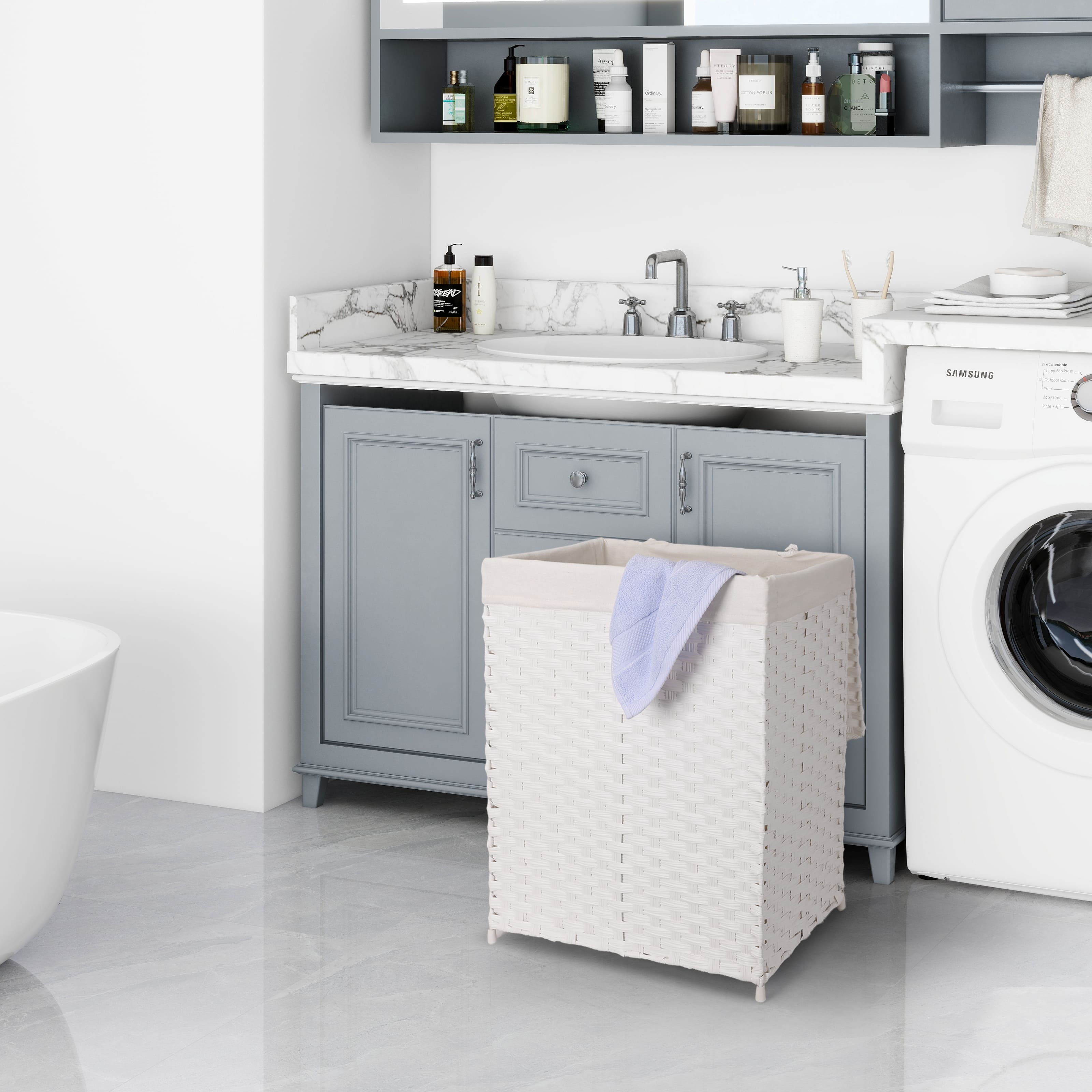 Foto 6 | Cesto De Lavandería De Ratán Sintético Mu:4life 110l-2divi-b  Blanco Con Bolsa Dividida Y Tapa Plegable