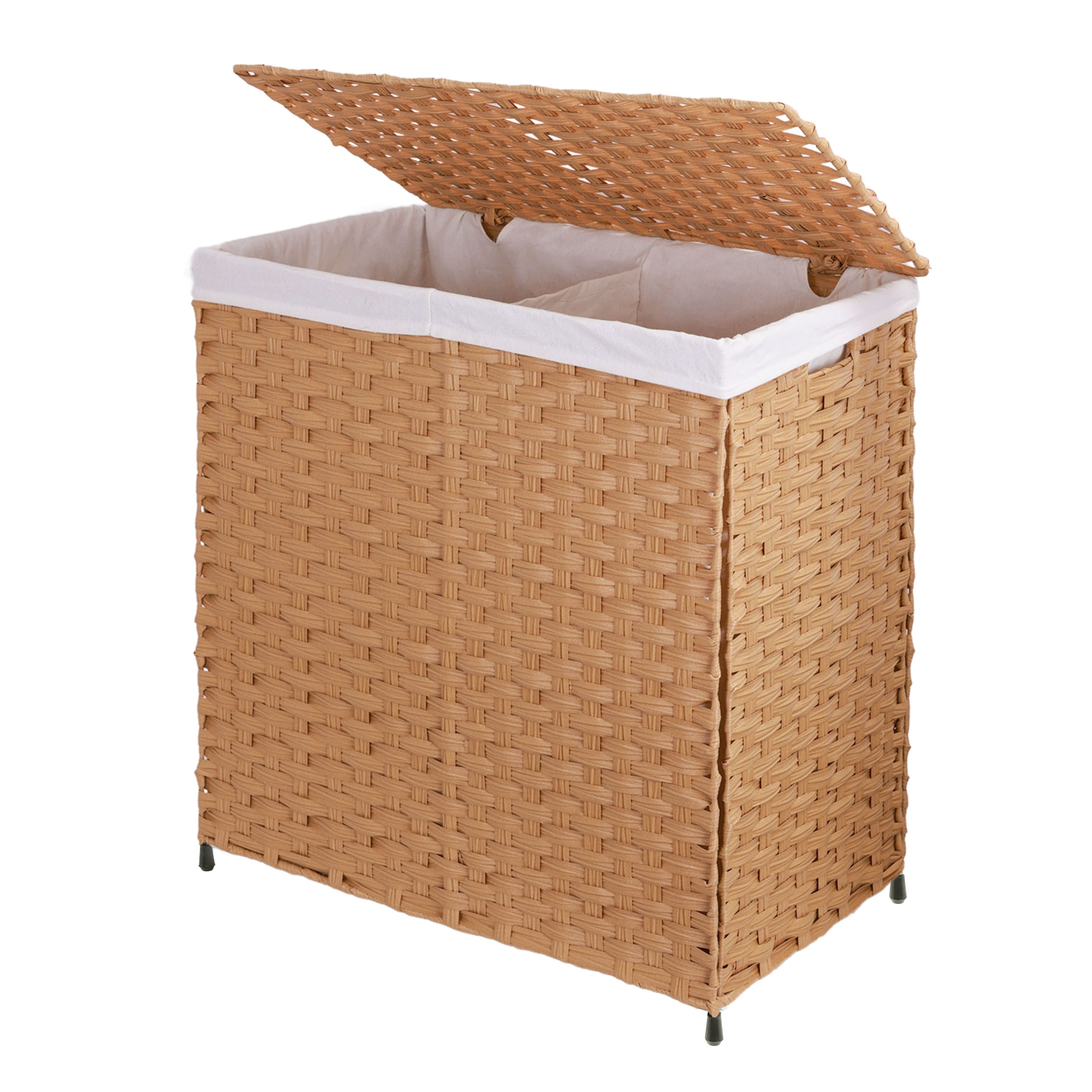 Cesto De Lavandería De Ratán Sintético Mu:4life 110l-2divi-n  Natural Con Bolsa Dividida Y Tapa Plegable