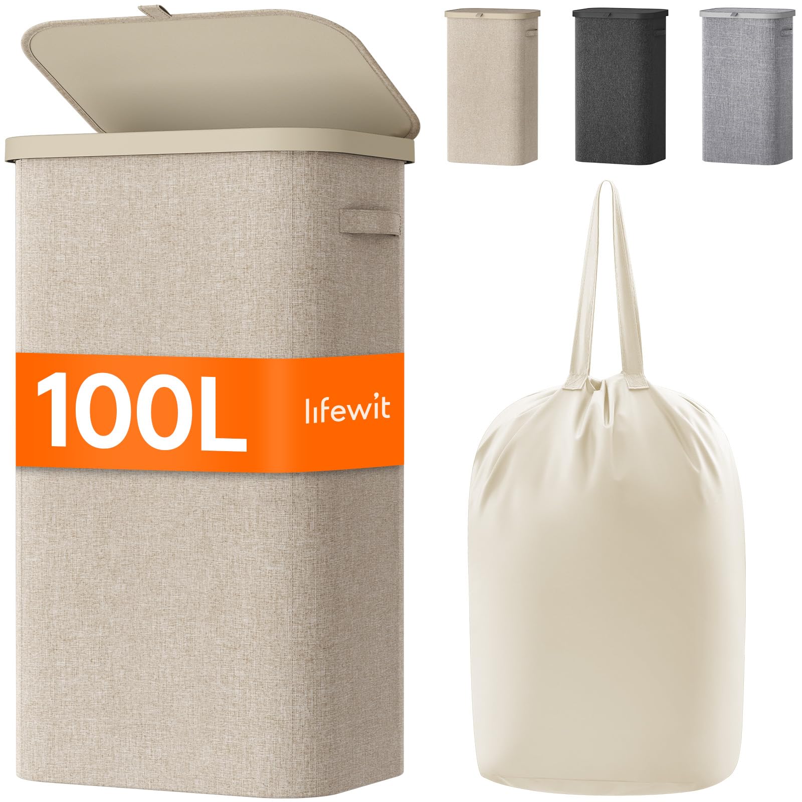 Foto 2 pulgar | Cesto De Ropa Lifewit De 100 Litros Con Tapa Y Bolsa Extraíble, Color Beige - Venta Internacional.