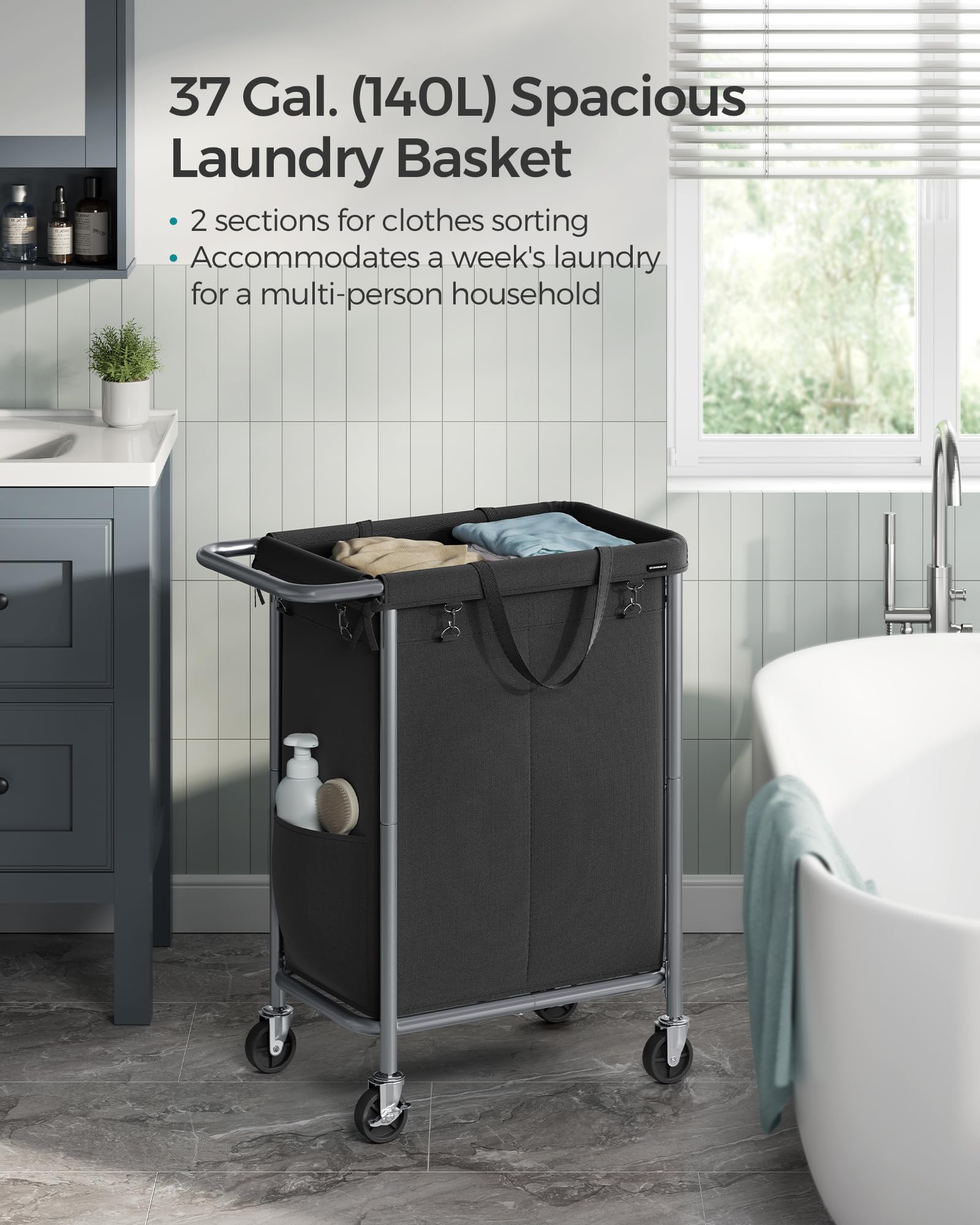 Foto 4 pulgar | Cesta De Lavandería Songmics Rolling 140 L Con Ruedas Y 2 Secciones - Venta Internacional.