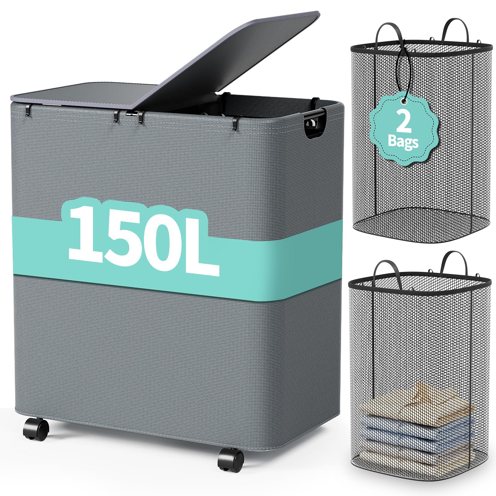 Foto 1 | Cesto De Ropa Yecaye 150 L Con Ruedas, Tapa Y 2 Bolsas, Color Gris - Venta Internacional.