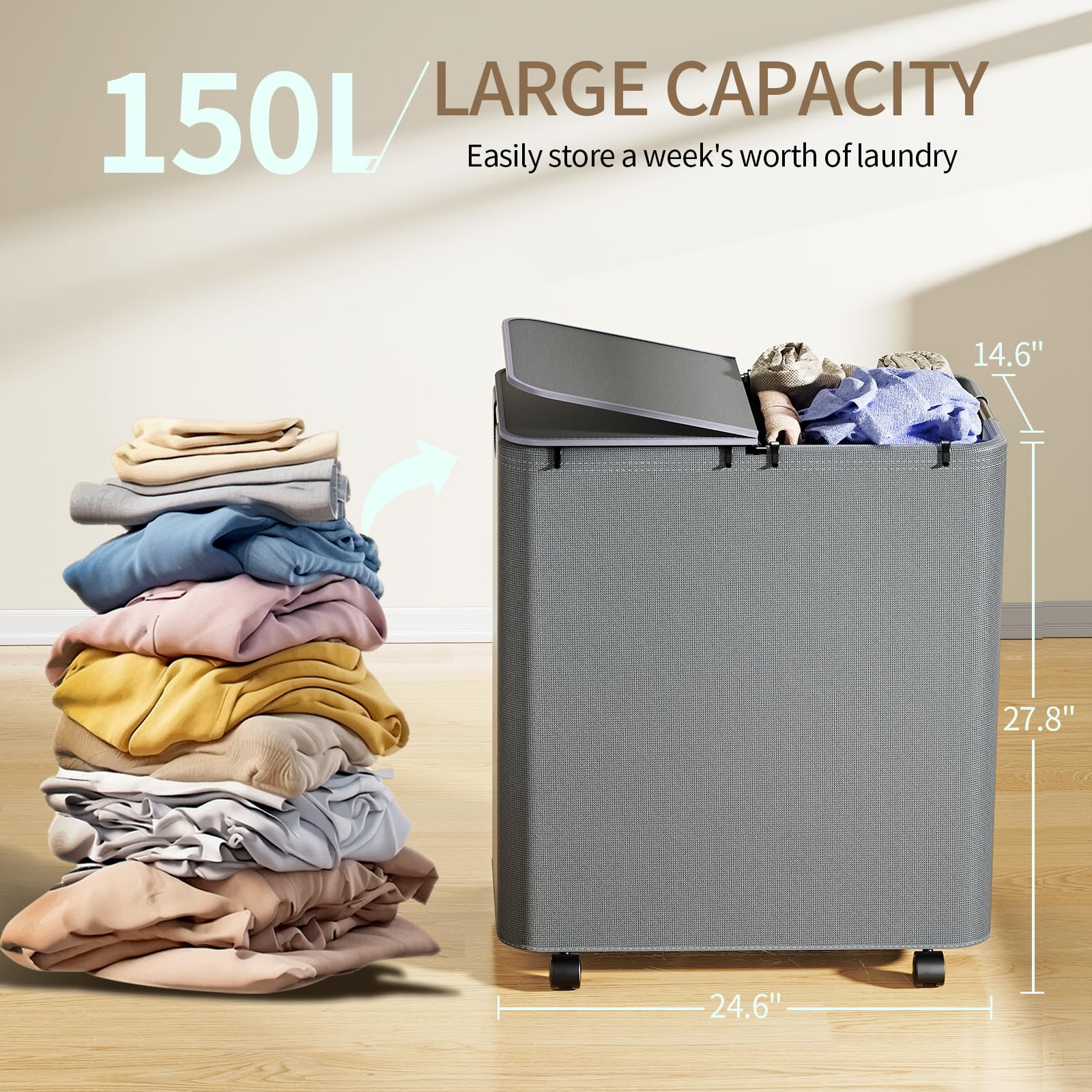 Foto 3 pulgar | Cesto De Ropa Yecaye 150 L Con Ruedas, Tapa Y 2 Bolsas, Color Gris - Venta Internacional.