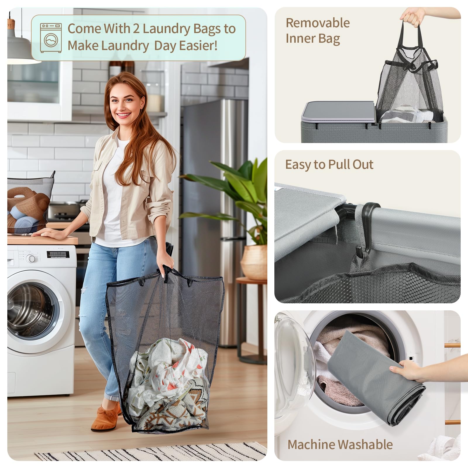 Foto 5 pulgar | Cesto De Ropa Yecaye 150 L Con Ruedas, Tapa Y 2 Bolsas, Color Gris - Venta Internacional.
