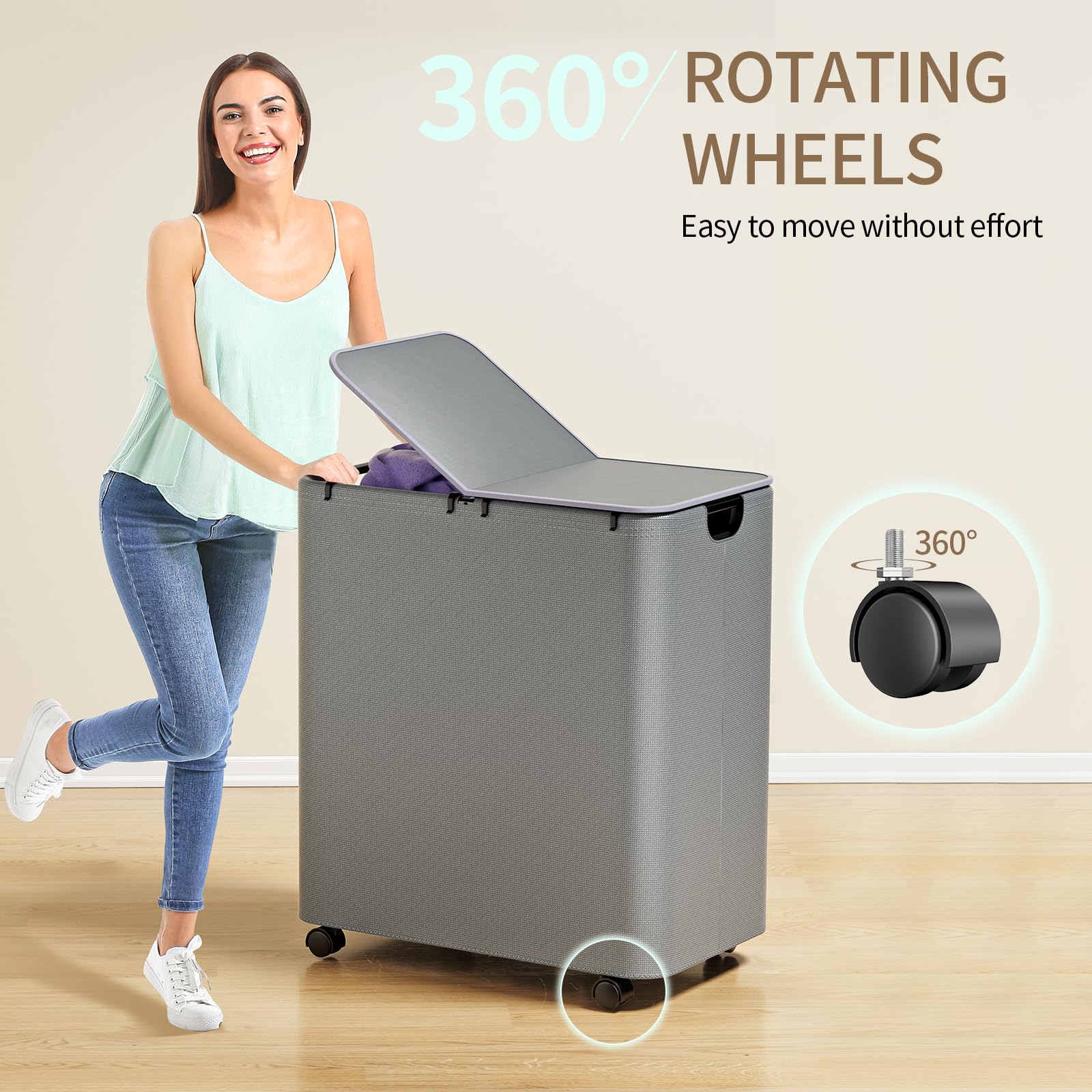 Foto 6 pulgar | Cesto De Ropa Yecaye 150 L Con Ruedas, Tapa Y 2 Bolsas, Color Gris - Venta Internacional.