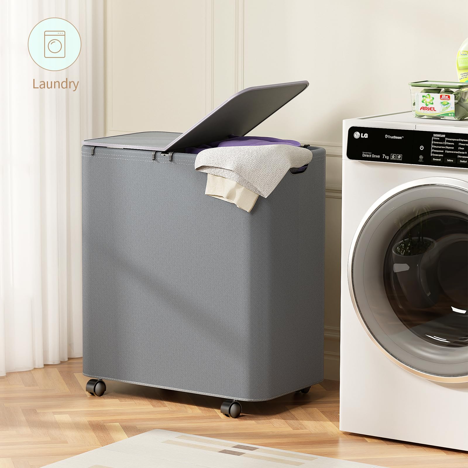Foto 7 | Cesto De Ropa Yecaye 150 L Con Ruedas, Tapa Y 2 Bolsas, Color Gris - Venta Internacional.
