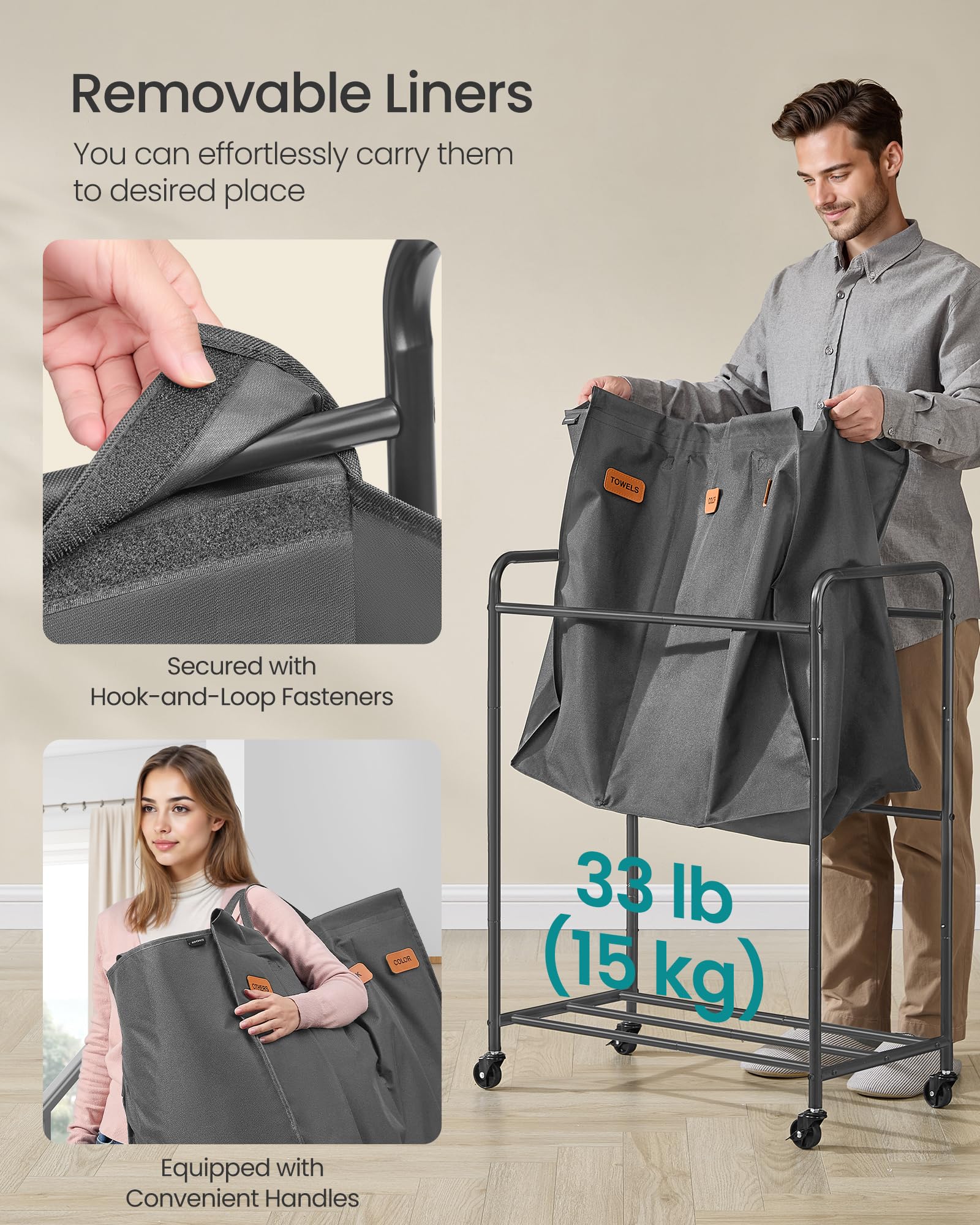 Foto 6 pulgar | Cesto De Ropa Songmics, Clasificador De 3 Secciones, 170 L, Con Ruedas, Gris - Venta Internacional.