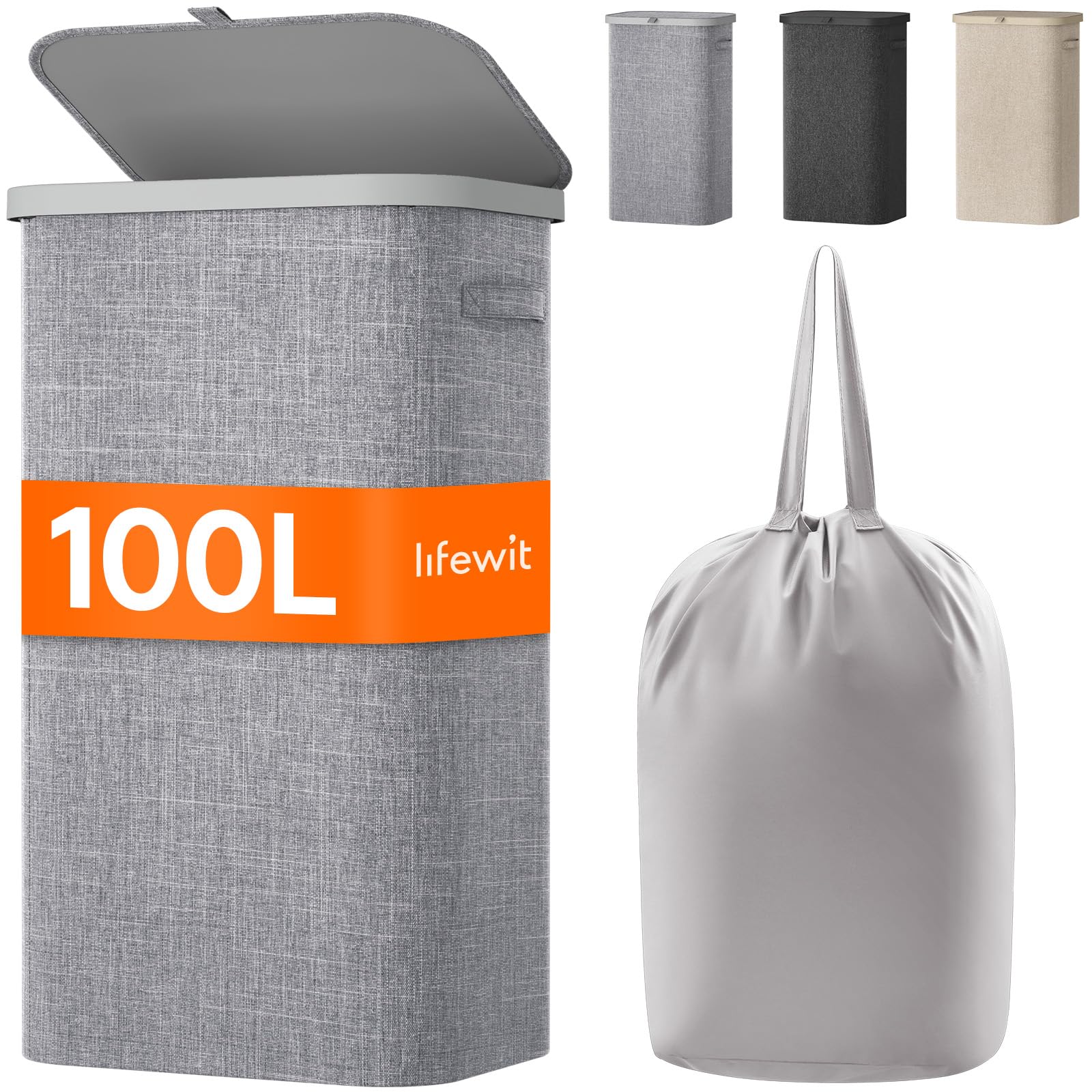 Cesto De Ropa Lifewit De 100 Litros Con Tapa Y Bolsa Extraíble, Color Gris Claro - Venta Internacional. $981