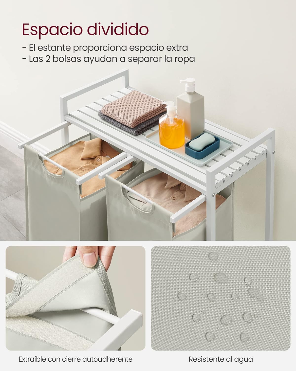 Foto 5 pulgar | Cesto De Ropa Vasagle 46 L Con 2 Compartimentos Blanco/claro G