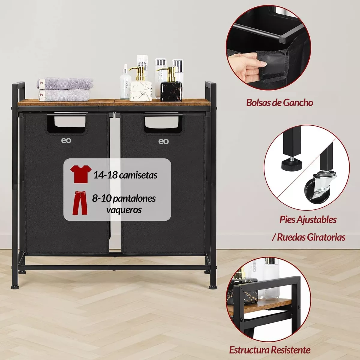 Foto 3 | Cesto De Ropa Sucia Dos Bolsas Eo Safe Imports Esi-18797 Negro