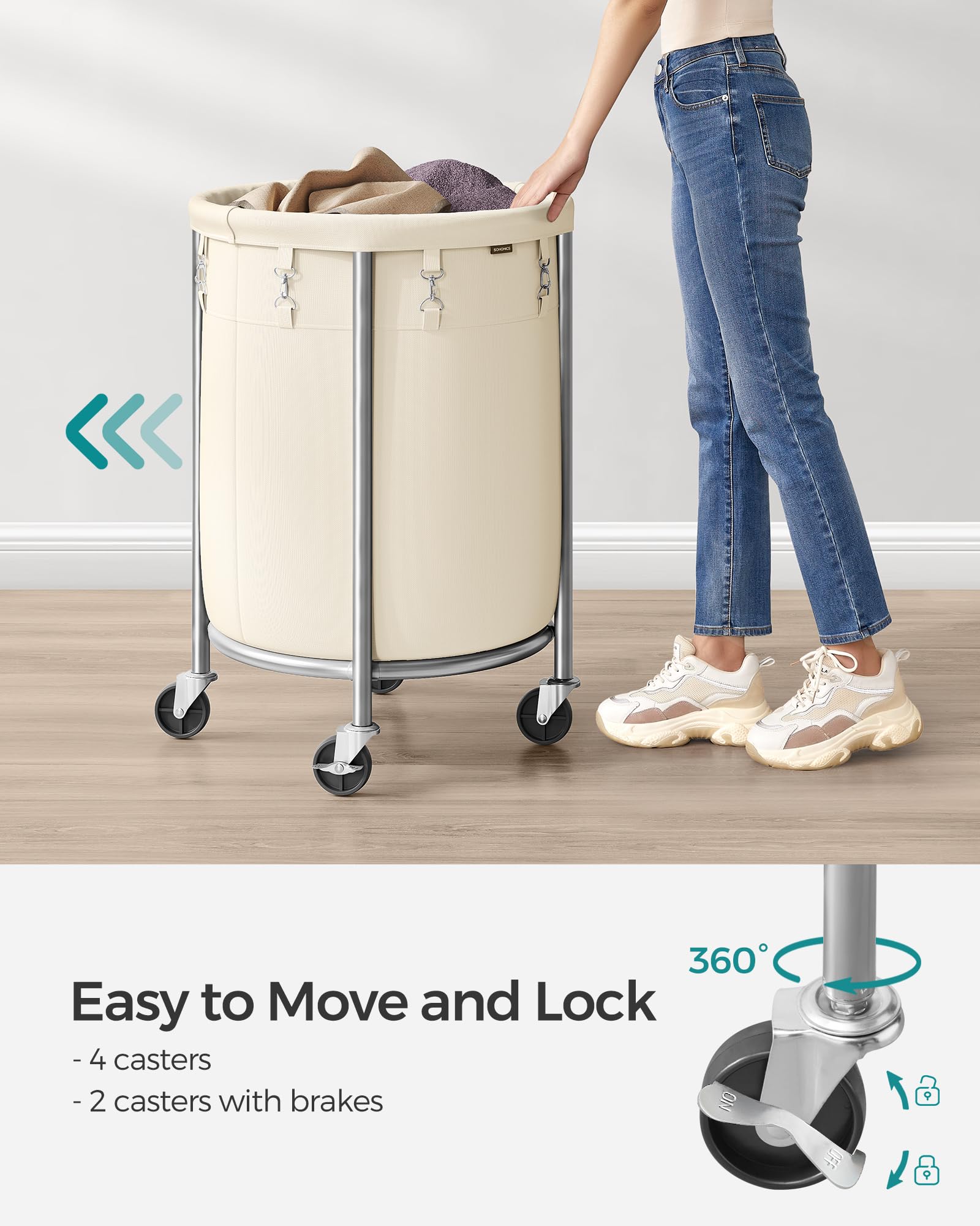 Foto 5 pulgar | Cesta De Lavandería Songmics Rolling 110 L Con Ruedas Y Bolsa, Color Crema - Venta Internacional.