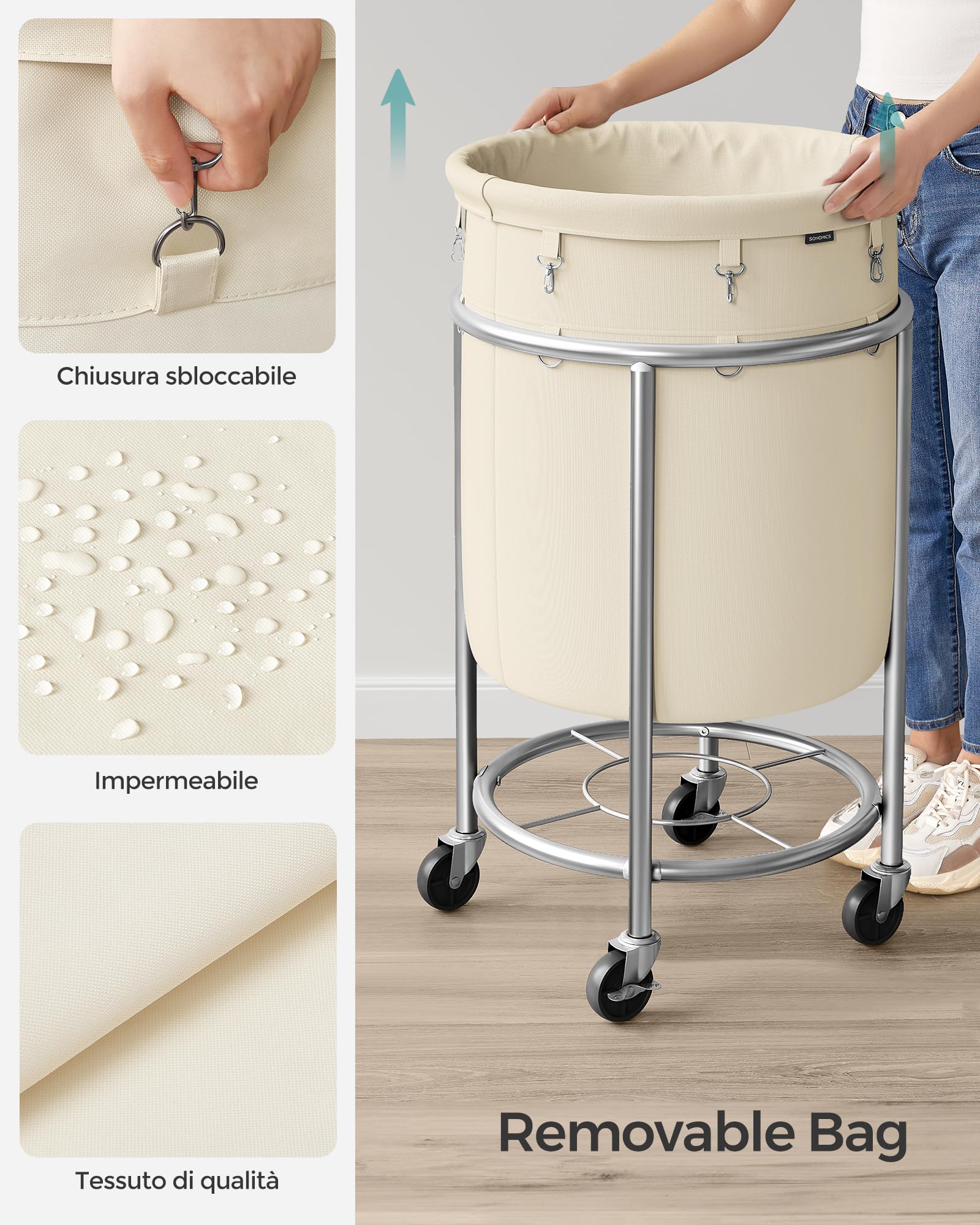 Foto 6 pulgar | Cesta De Lavandería Songmics Rolling 110 L Con Ruedas Y Bolsa, Color Crema - Venta Internacional.