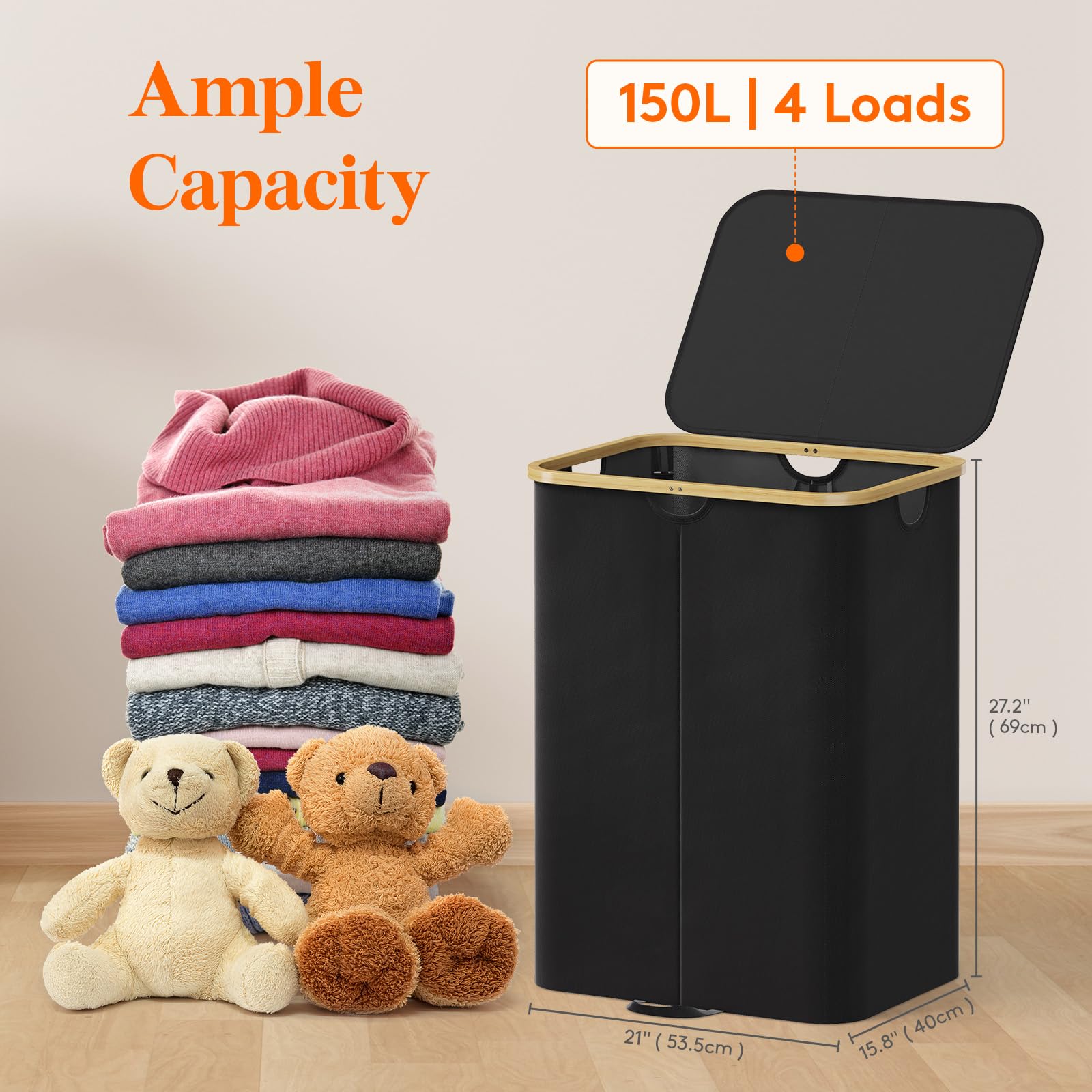Foto 3 pulgar | Cesto De Ropa Lifewit De 150 Litros Con Tapa Y Bolsas Extraíbles, Color Negro - Venta Internacional.