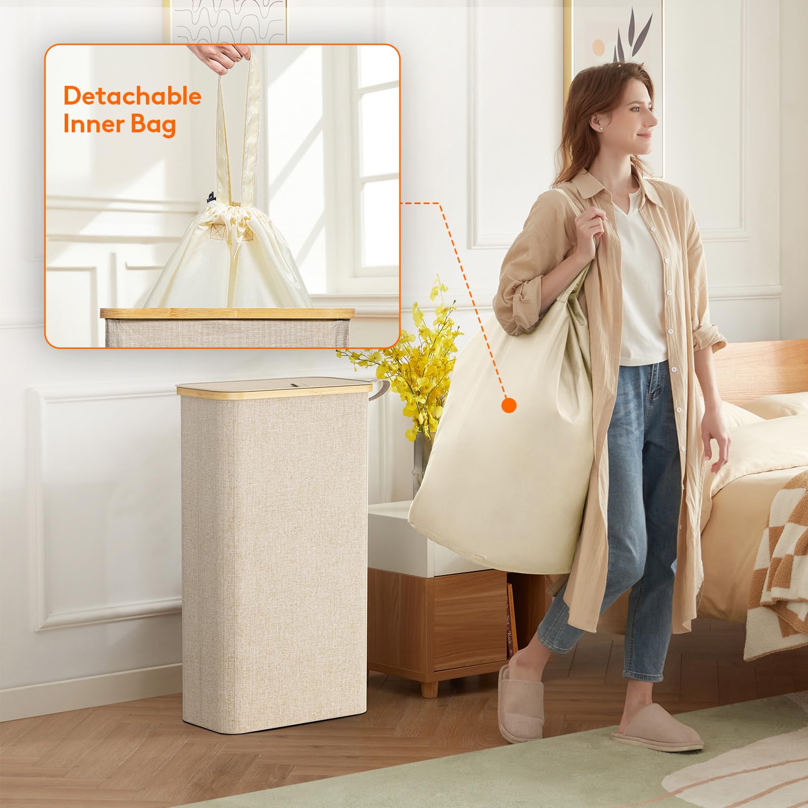 Foto 6 pulgar | Cesto De Ropa Lifewit De 65 Litros Con Tapa Y Bolsa Extraíble, Color Beige - Venta Internacional.