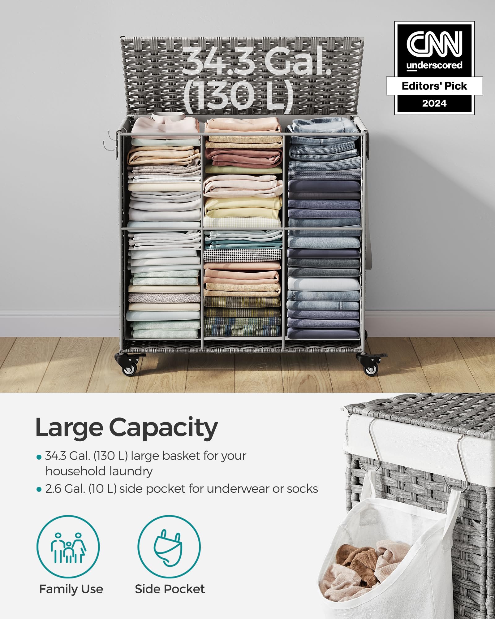 Foto 8 pulgar | Cesto De Ropa Songmics 140l Con Tapa Y Ruedas, Gris Ulcb363g0 - Venta Internacional.