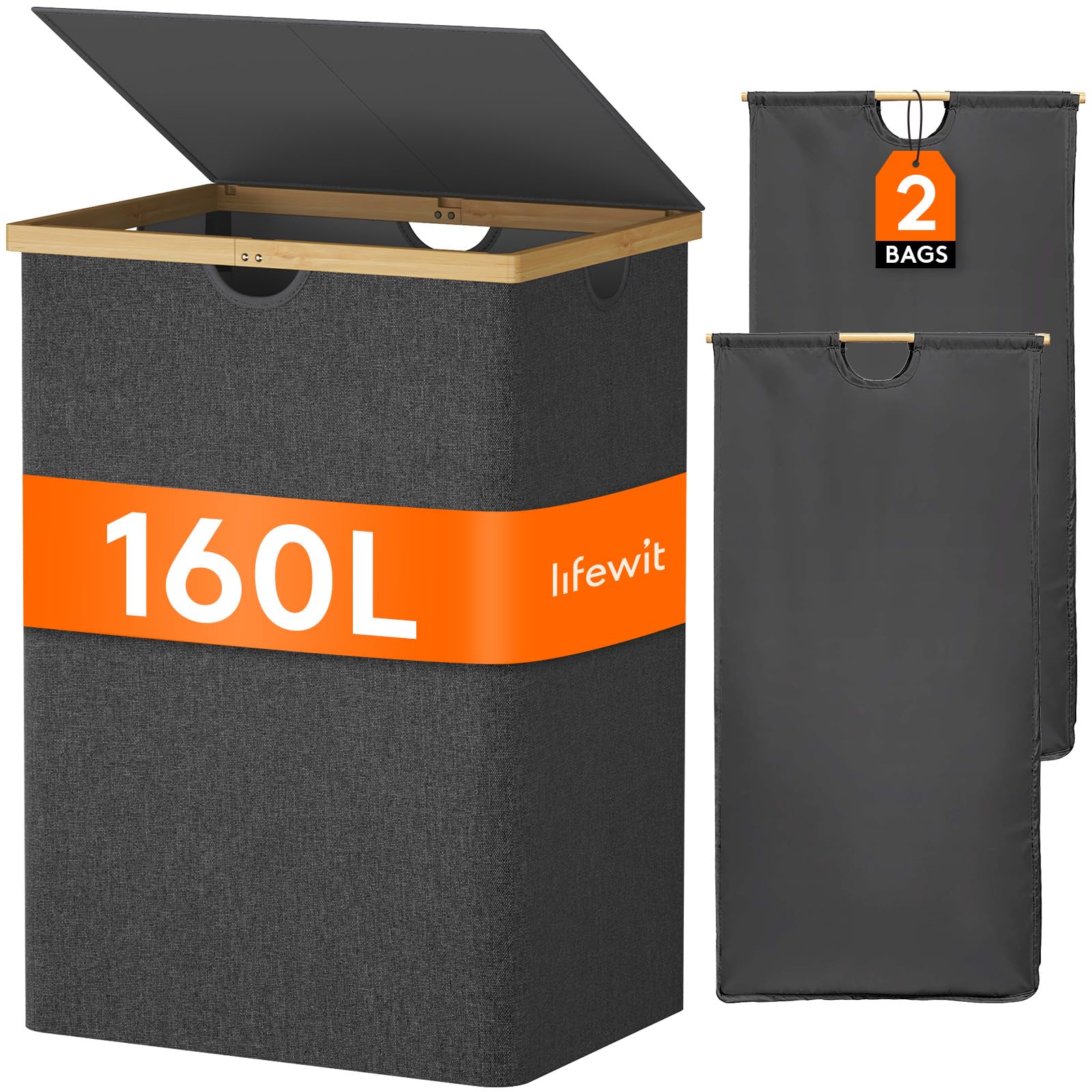 Foto 1 | Cesto De Ropa Lifewit 160 L Doble Con Tapa De Bambú Negro - Venta Internacional.