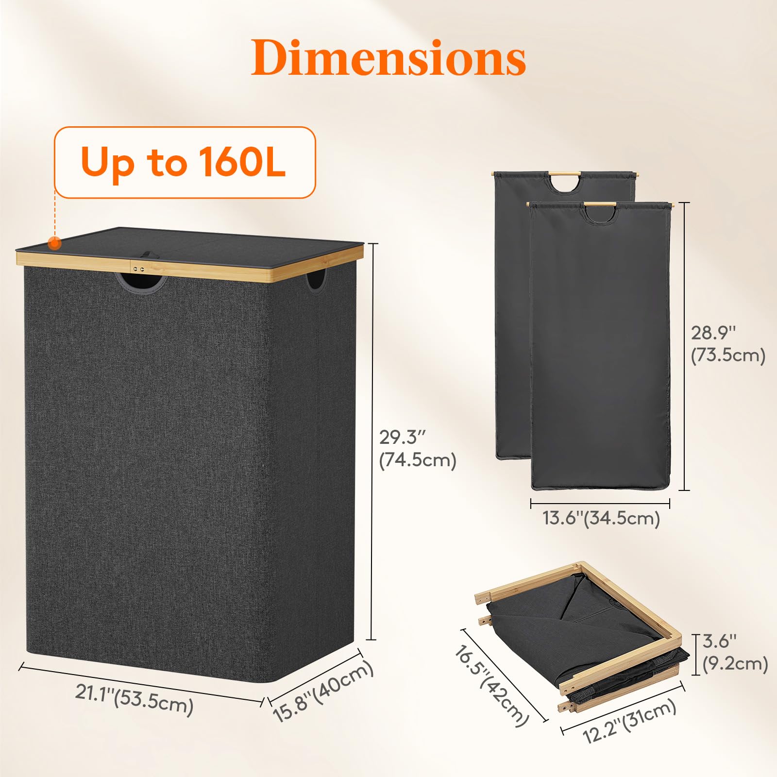 Foto 4 | Cesto De Ropa Lifewit 160 L Doble Con Tapa De Bambú Negro - Venta Internacional.