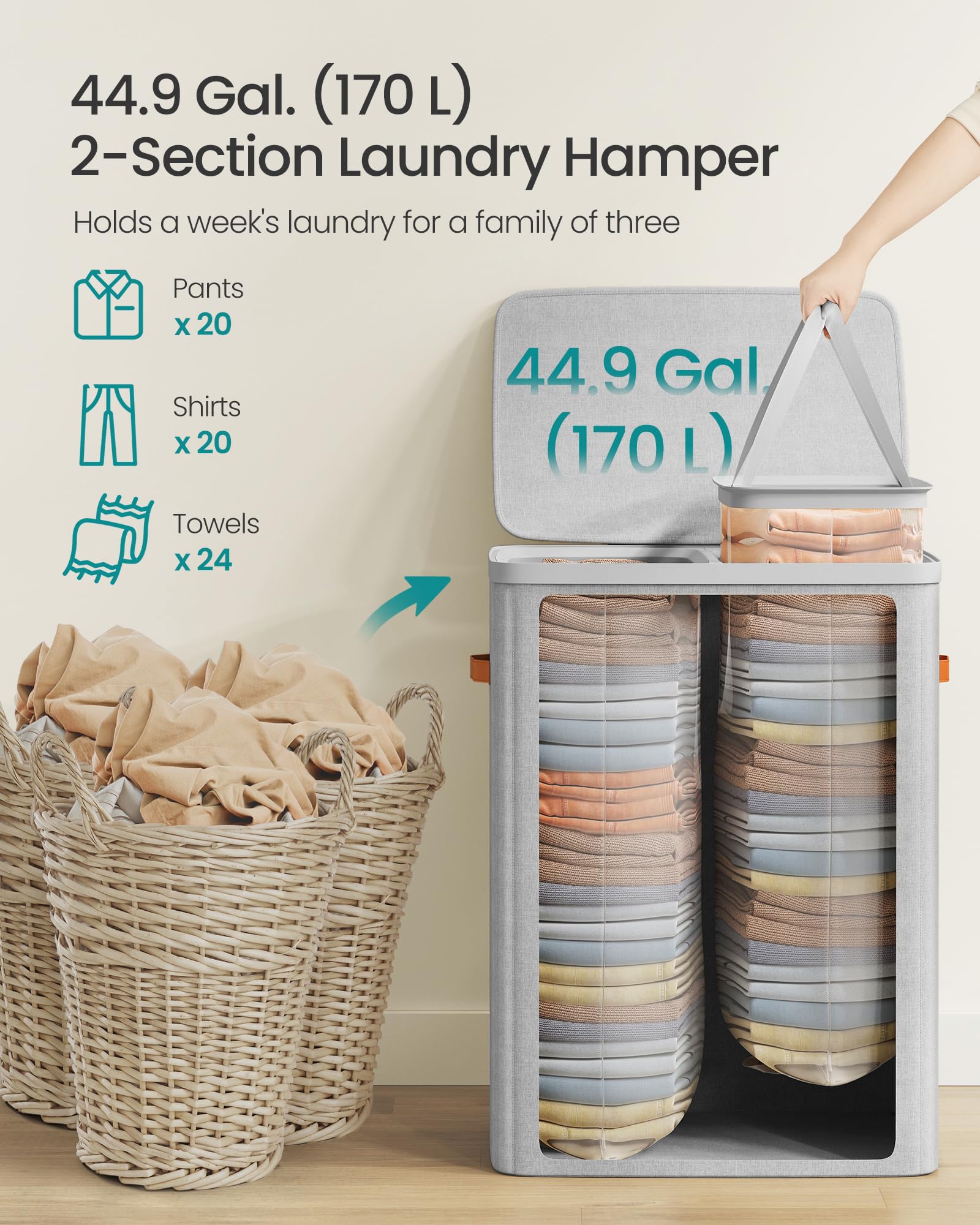 Foto 4 | Cesta De Lavandería Songmics, 44.9 Galones Cesto De Ropa Sucia, 2 Compartimentos, Fácil De Montar, C - Venta Intern