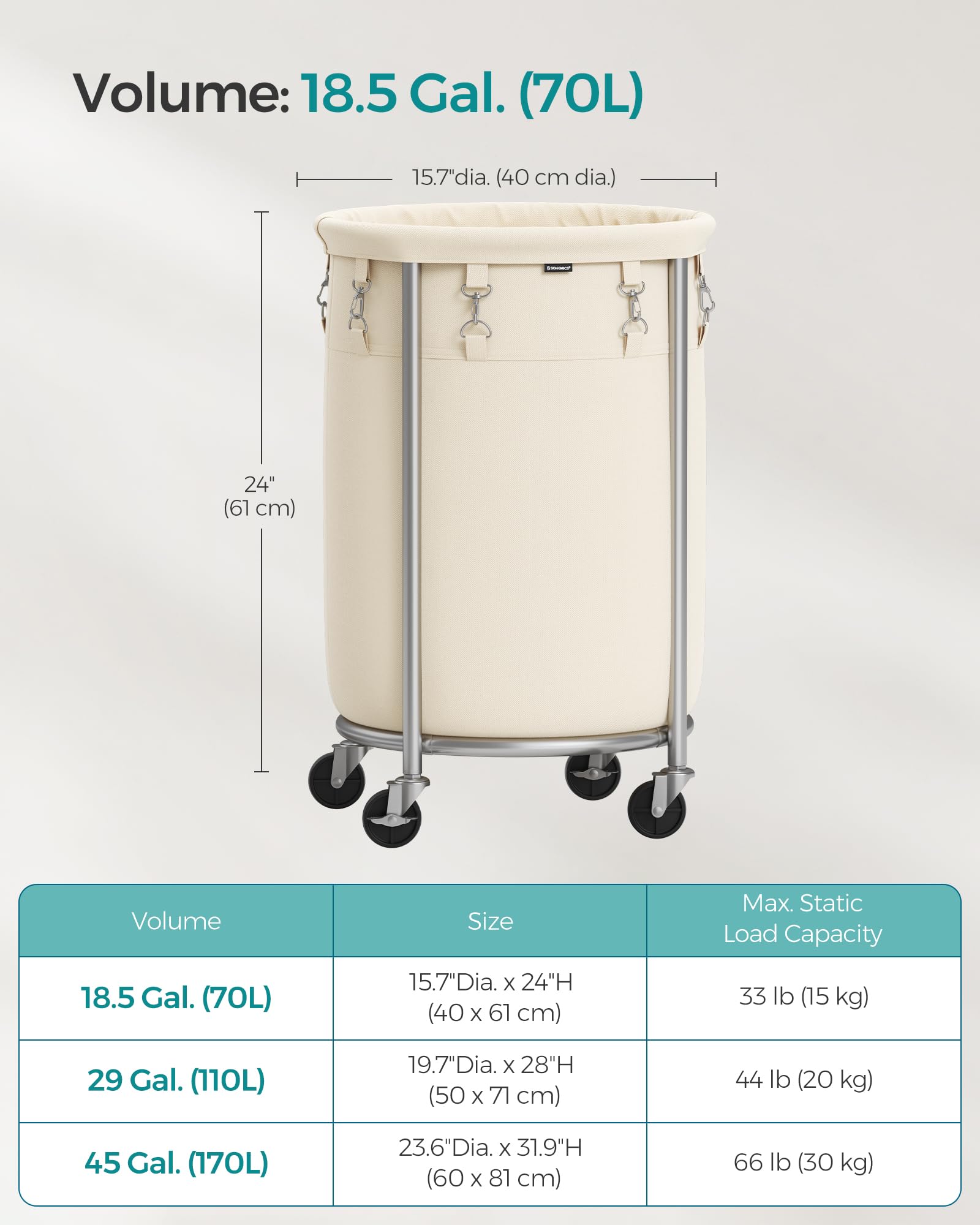 Foto 7 pulgar | Cesta De Lavandería Songmics Rolling Con Ruedas De 70 Litros De Capacidad - Venta Internacional.
