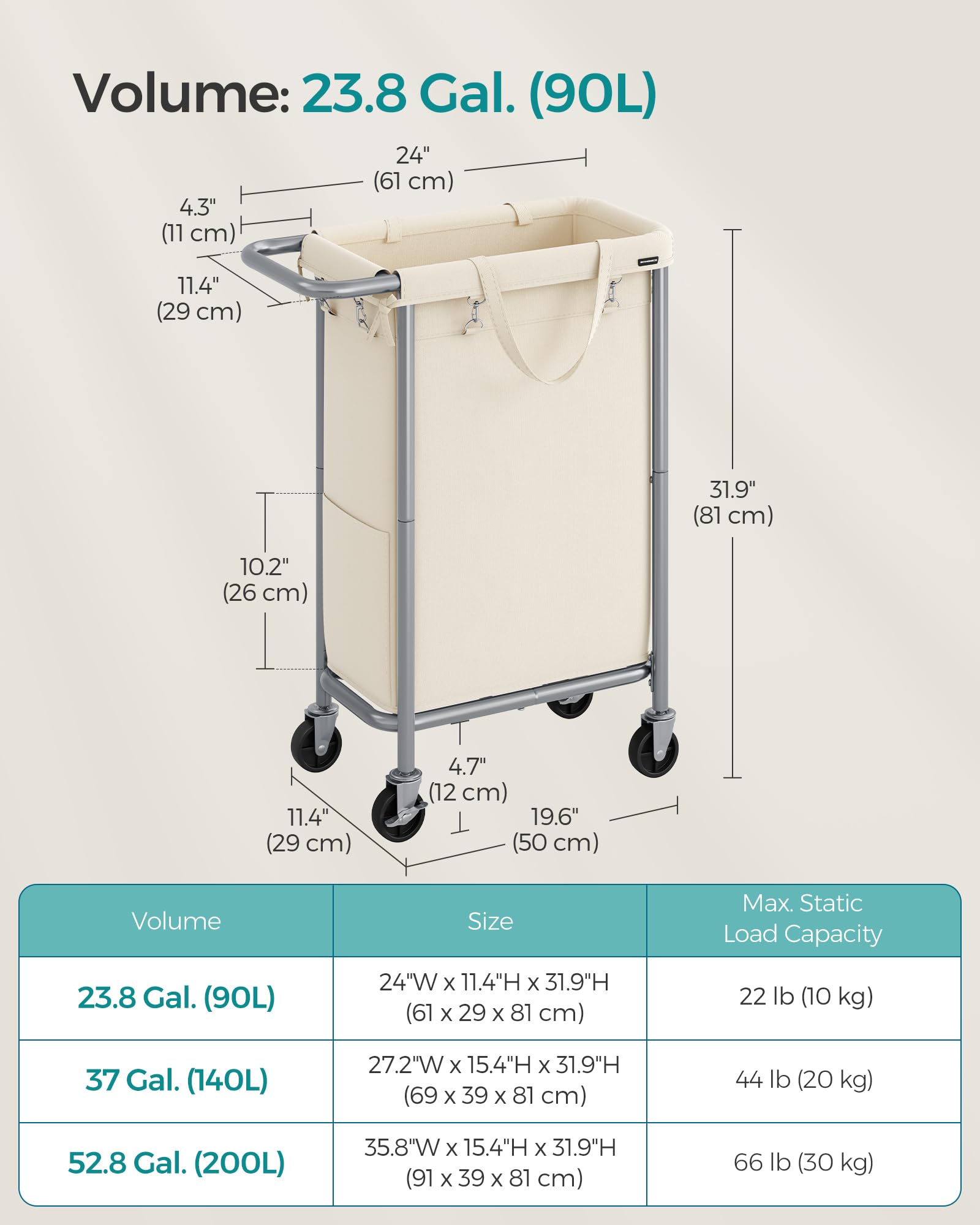 Foto 7 pulgar | Cesta De Lavandería Songmics Rolling Con Ruedas De 90 Litros Con Forro Crema - Venta Internacional.