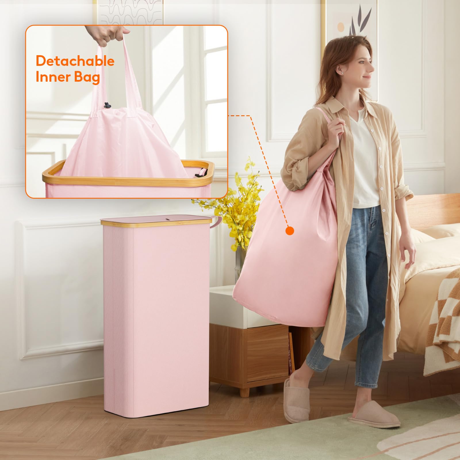Foto 6 pulgar | Cesto De Ropa Lifewit De 65 Litros Con Tapa Y Bolsa Extraíble, Color Rosa - Venta Internacional.