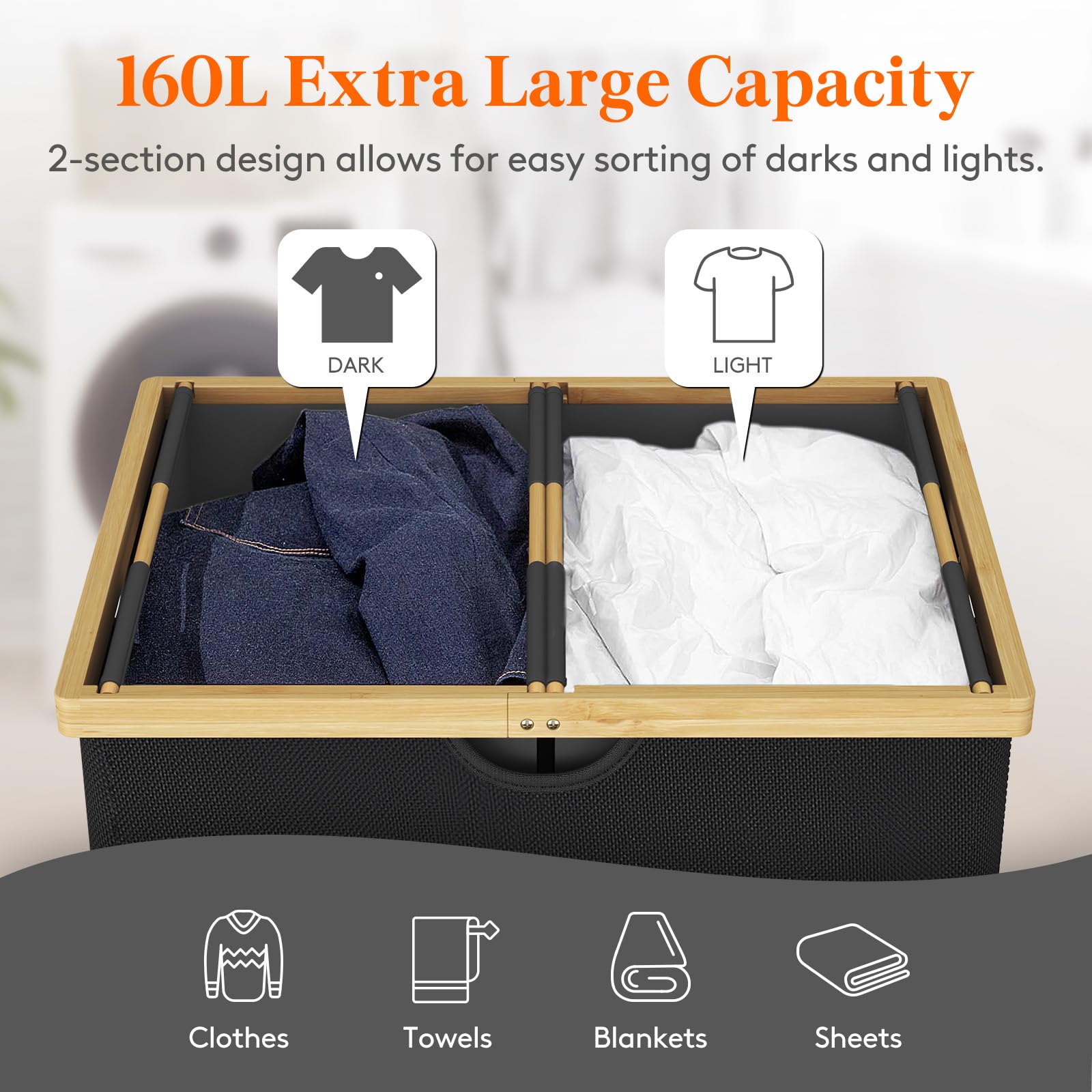 Foto 2 | Cesto De Ropa Lifewit 160 L Doble Con Tapa De Bambú Negro Oscuro - Venta Internacional.
