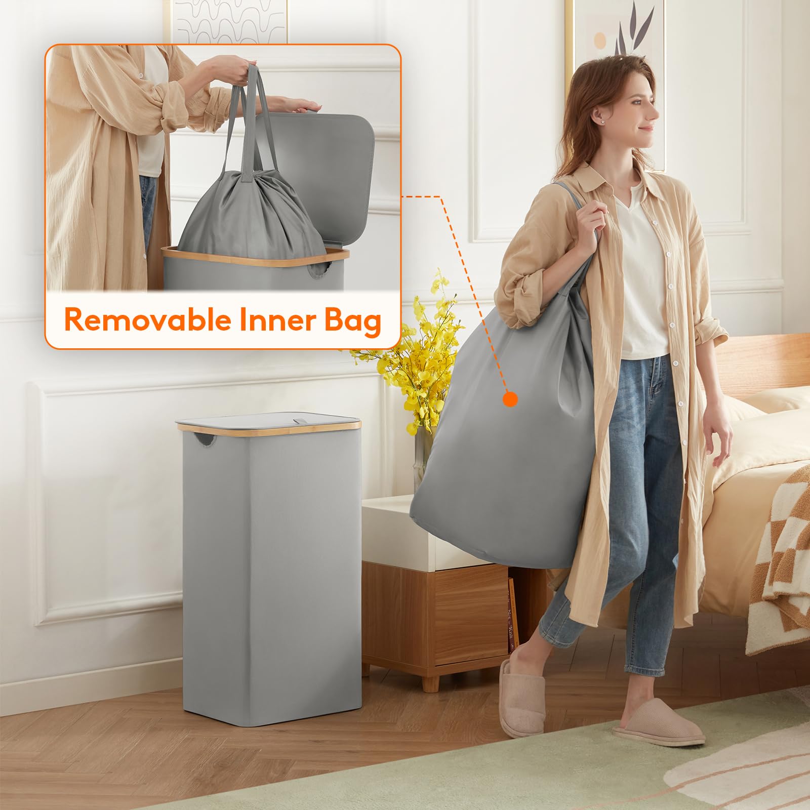 Foto 4 pulgar | Cesta De Lavandería Lifewit De 100 Litros Con Tapa, Asas De Bambú, Color Gris Plateado - Venta Internacional.