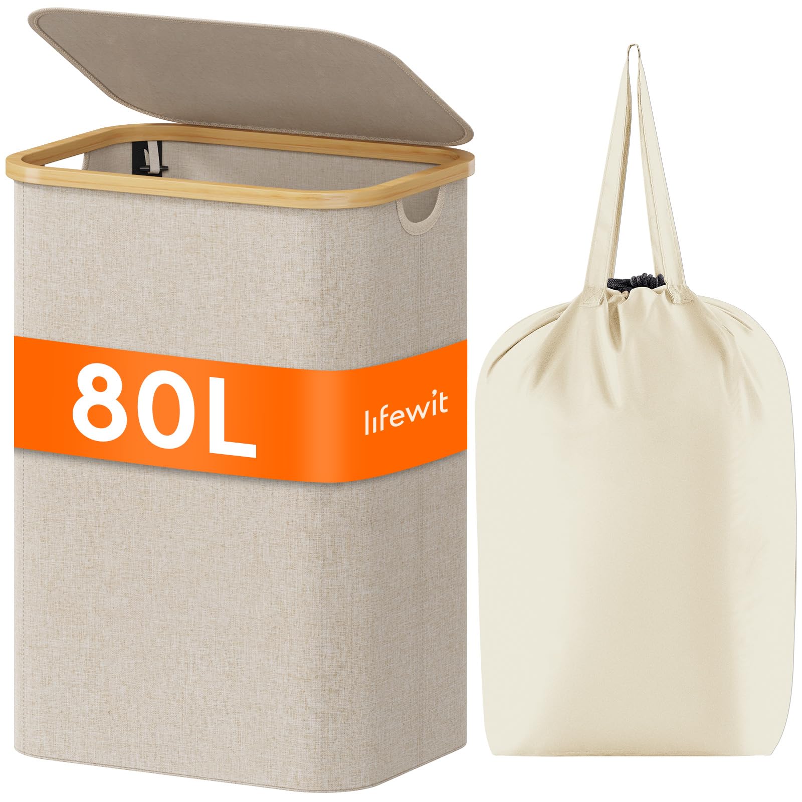 Foto 2 pulgar | Cesto De Ropa Lifewit De 80 Litros Con Tapa, Asas De Bambú Y Bolsa, Color Beige - Venta Internacional.