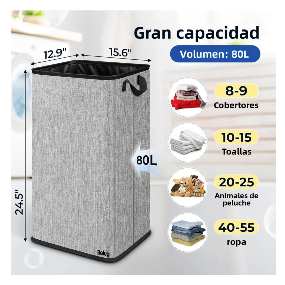 Foto 3 pulgar | Cesto De Ropa Plegable 80l Grande Rectangular Y Con Asas Resistentes Belug,  Gris