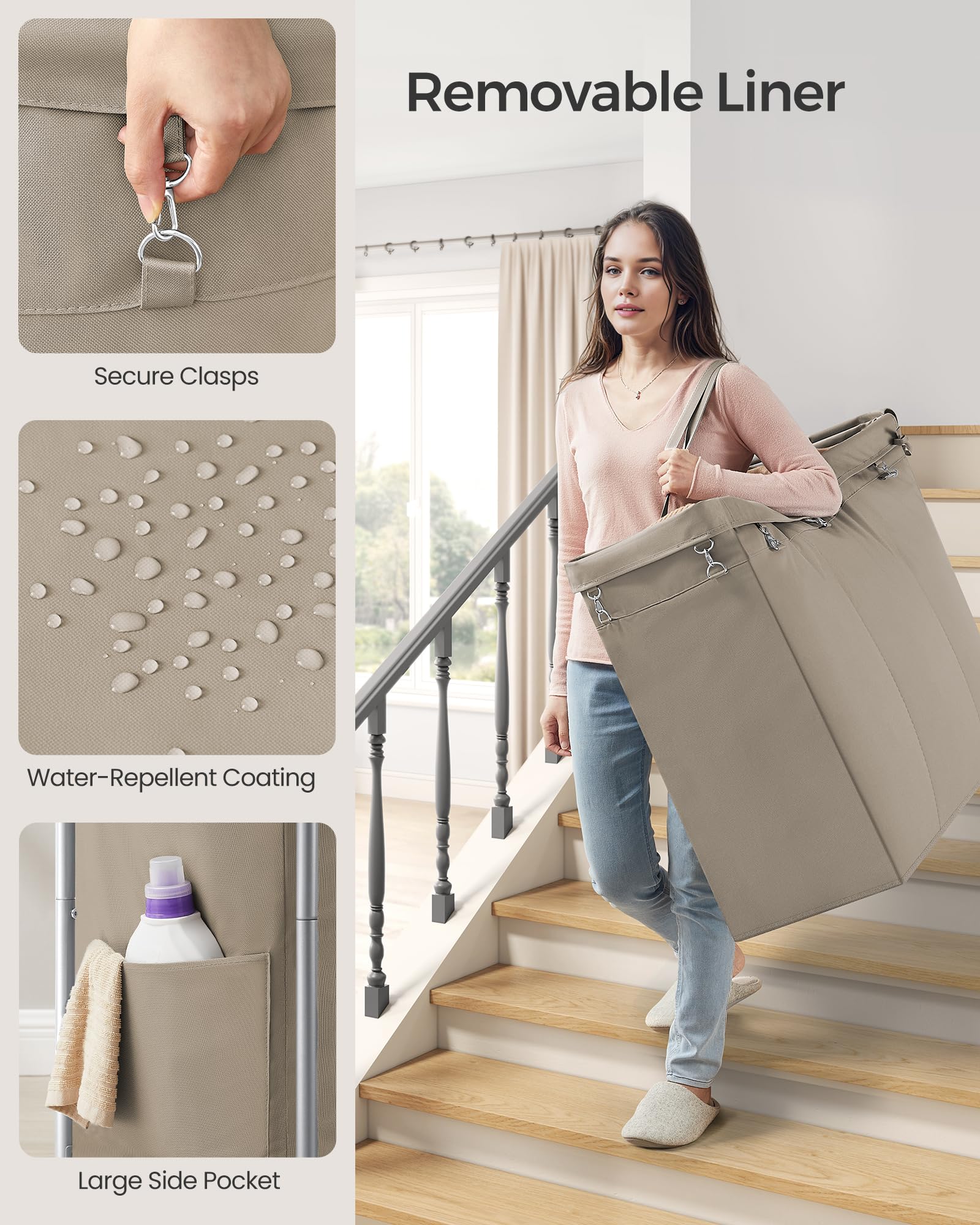 Foto 4 | Cesta De Lavandería Songmics, Enrollable De 3 Secciones, 200 L, Con Ruedas - Venta Internacional.