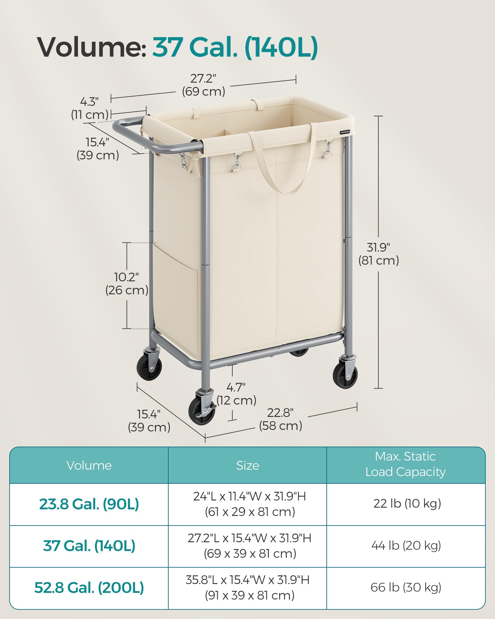 Foto 6 | Cesta De Lavandería Songmics Rolling 140l Con Ruedas De 2 Secciones - Venta Internacional.